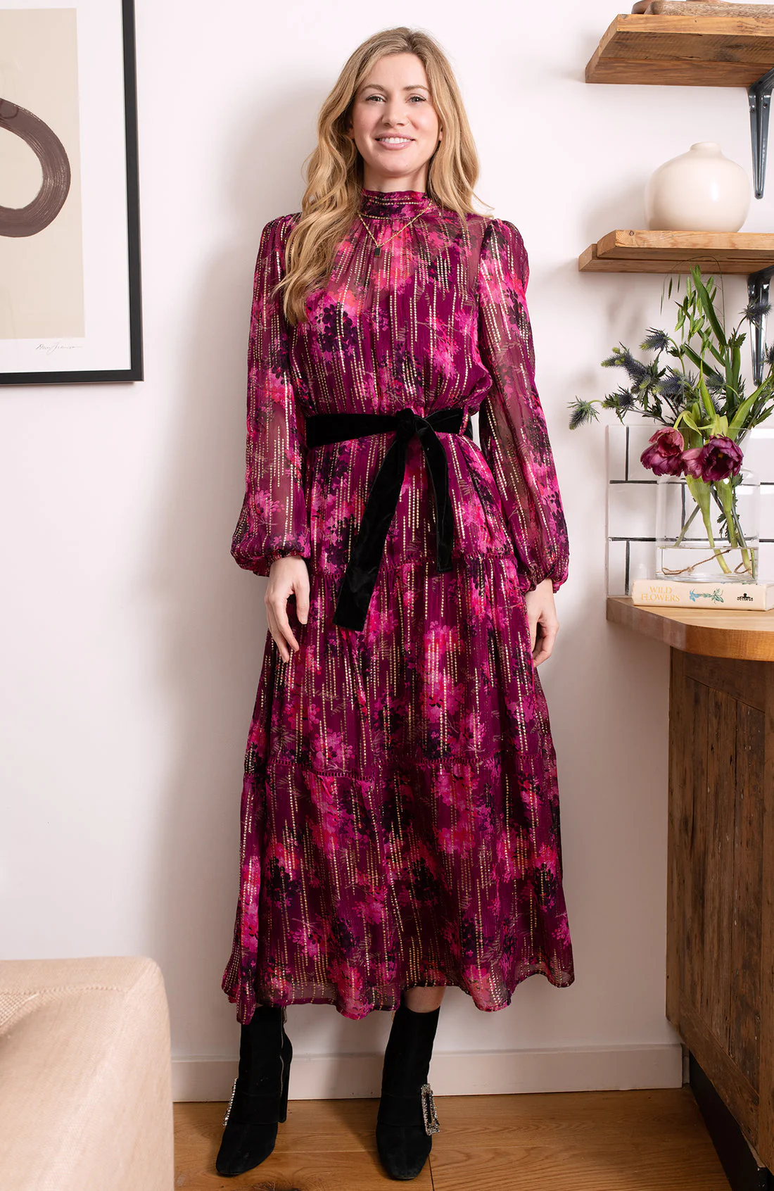 THE BEATRICE HIGH NECK MIDI DRESS (PINK) - Image 3
