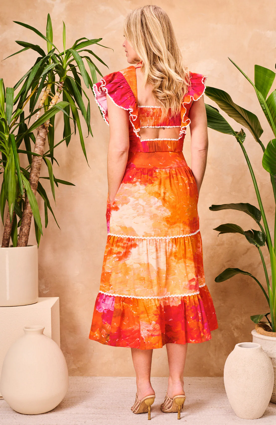 The Blanca High Waisted Tiered Midi Skirt (Orange) - Image 2