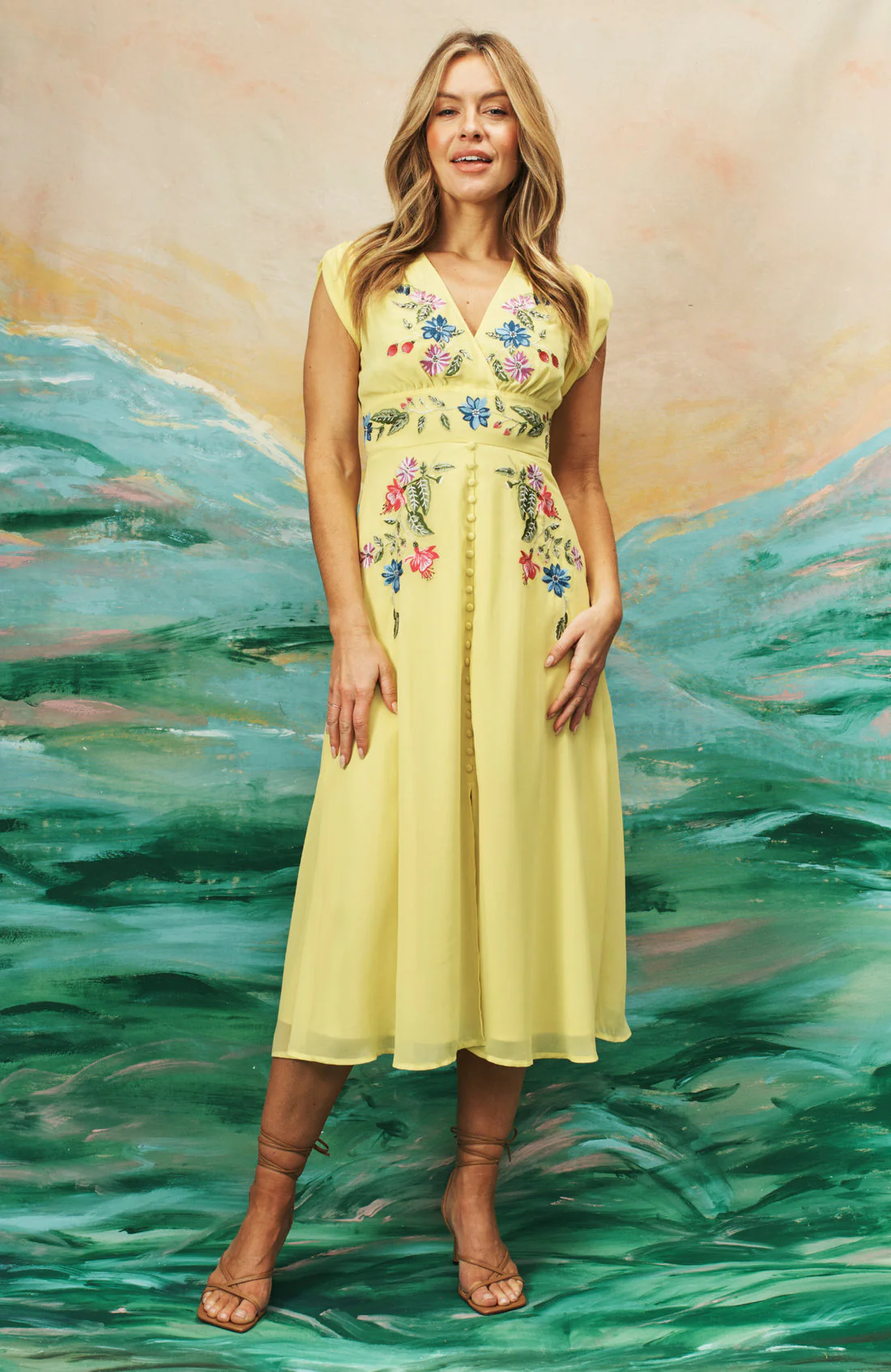 The Buttercup Embroidered Front Button Midi Dress (Yellow) - Image 2