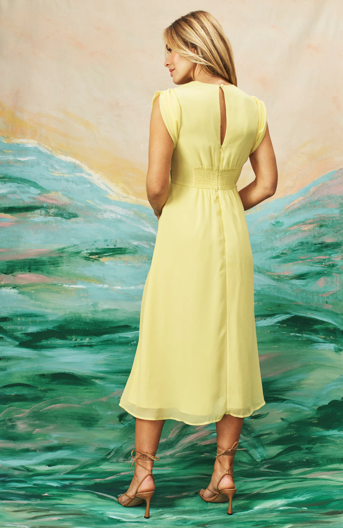 The Buttercup Embroidered Front Button Midi Dress (Yellow) - Image 4