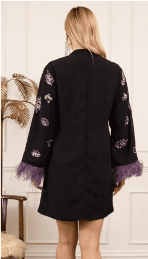 The Christy Embellished Mini Dress with Feather Trim (Black/Purple) - Image 4