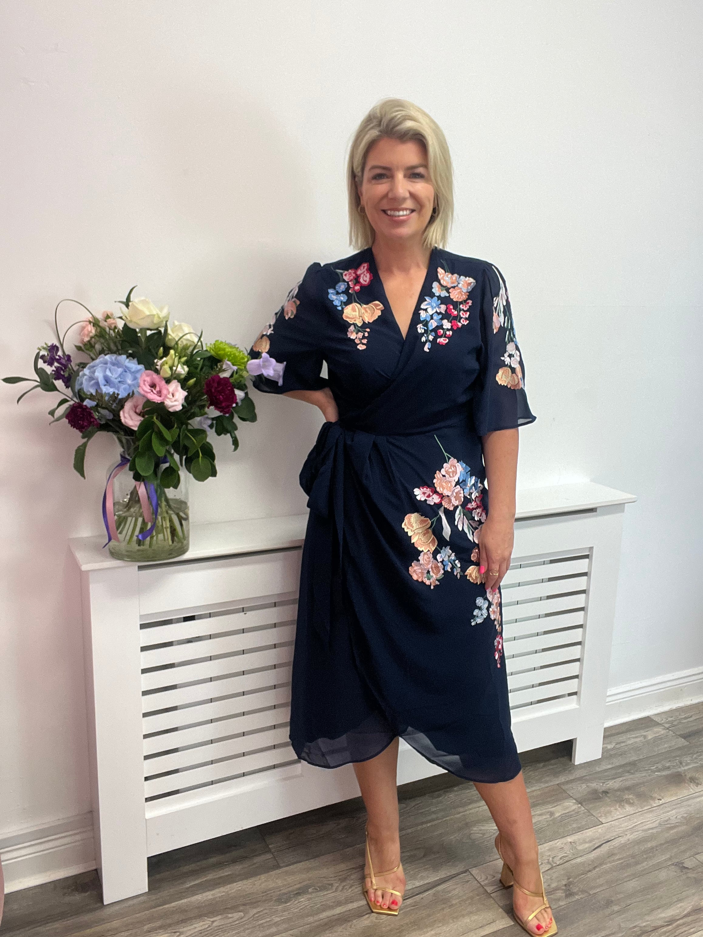 THE CLAIRE EMBROIDERED FLUTTER SLEEVE MIDI WRAP DRESS - Image 8