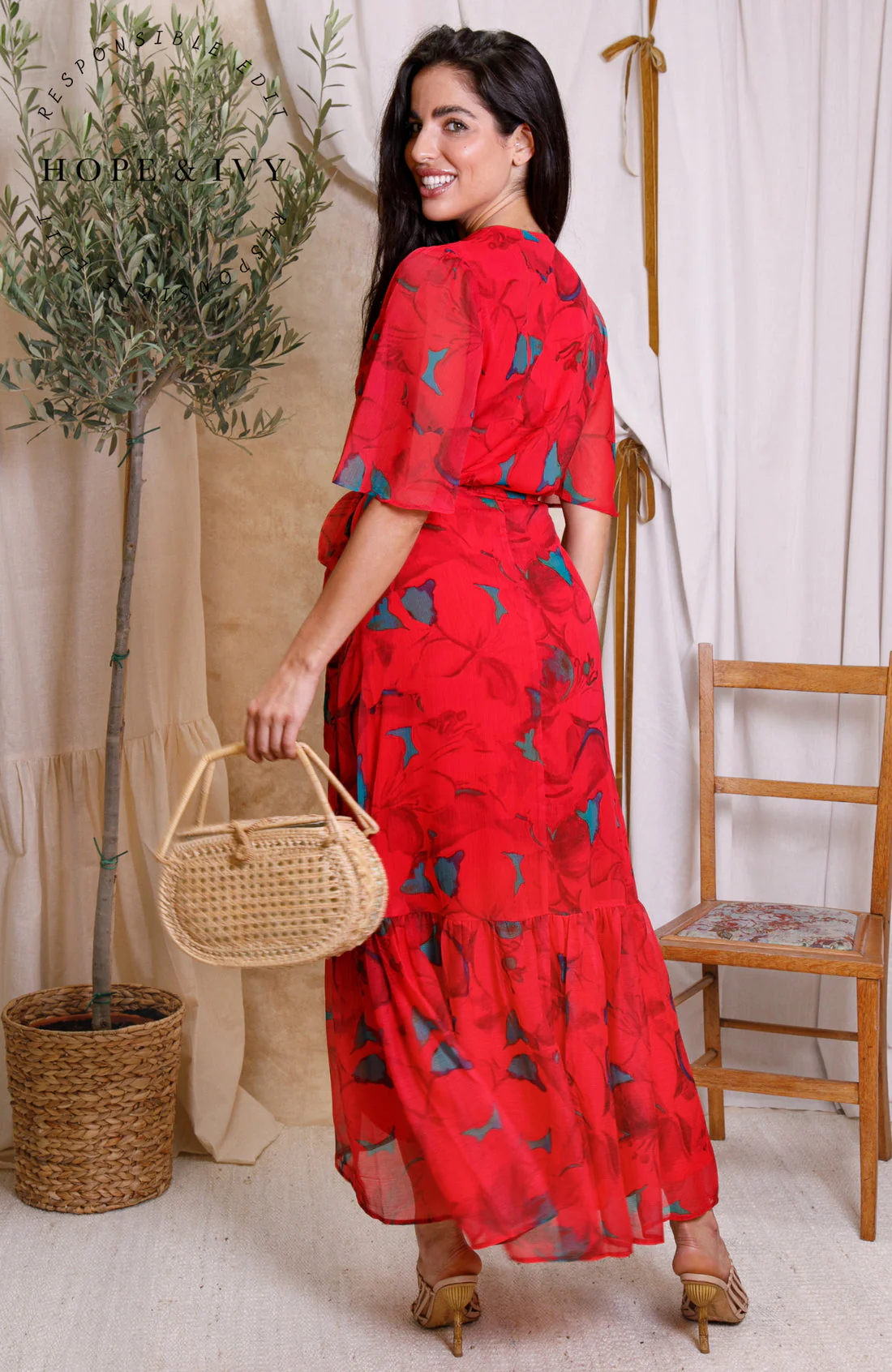 The Delia Flutter Sleeve Maxi Dress (Red) - Image 2