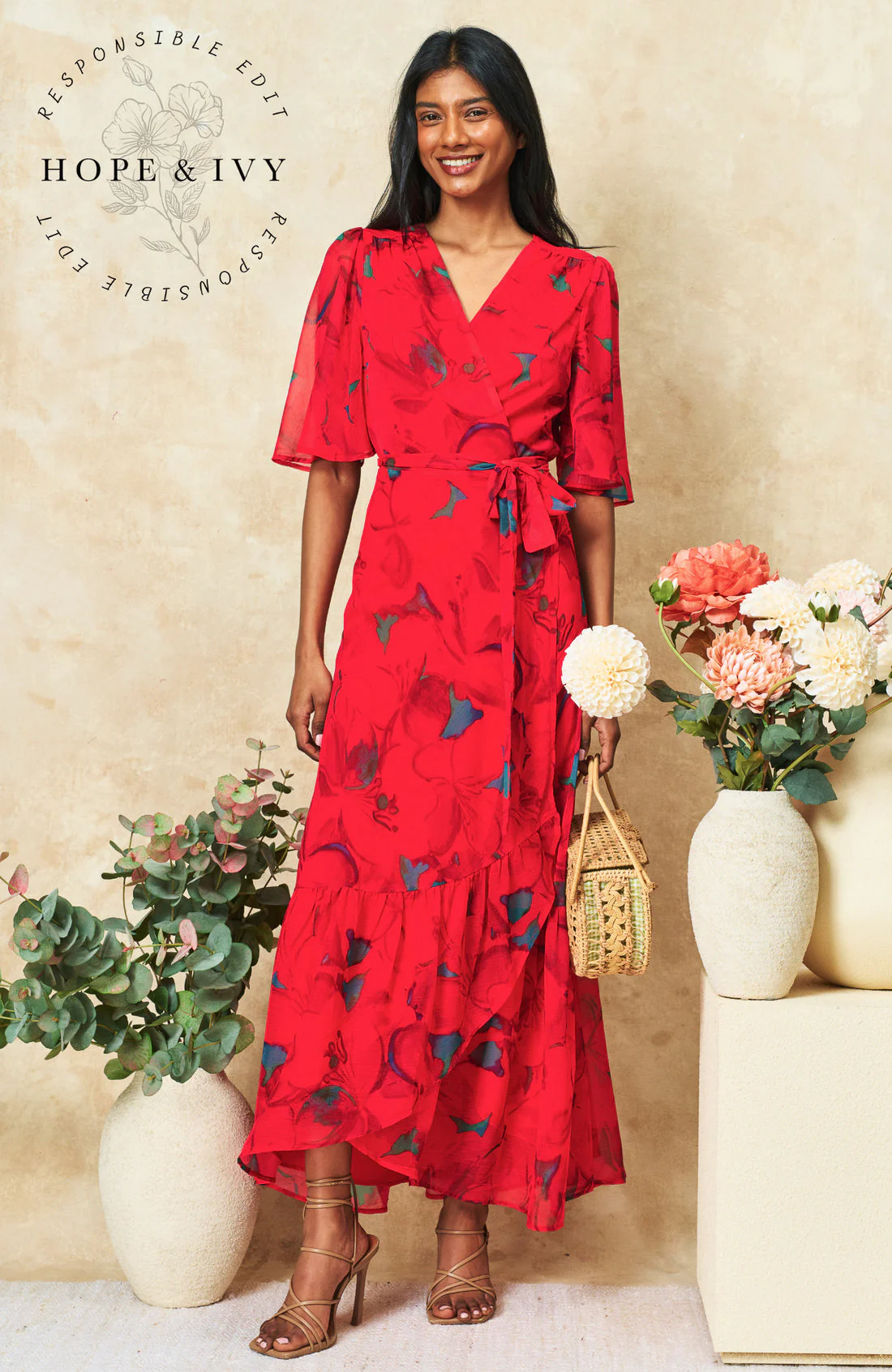 The Delia Flutter Sleeve Maxi Dress (Red) - Image 3
