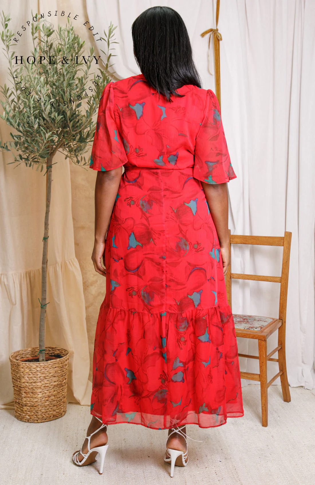 The Delia Flutter Sleeve Maxi Dress (Red) - Image 5