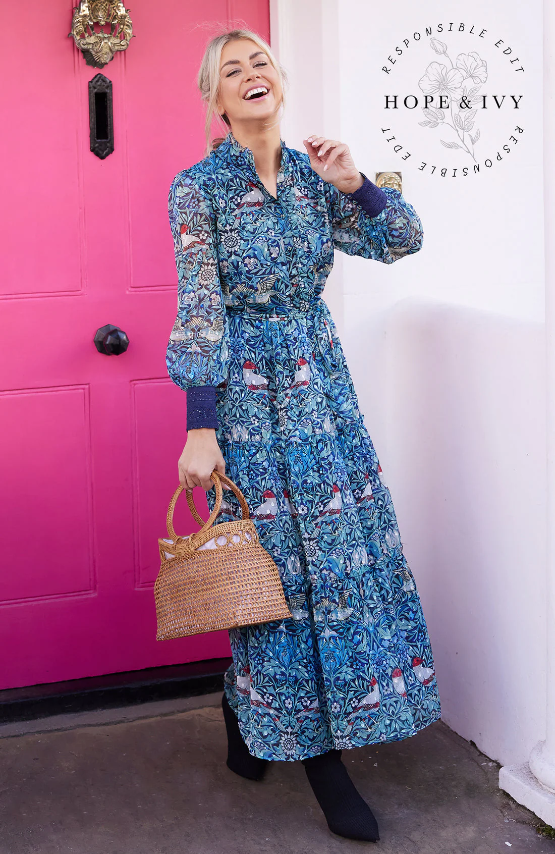 The Emery Button Front Tie Waist Maxi Dress (Blue) - Image 3