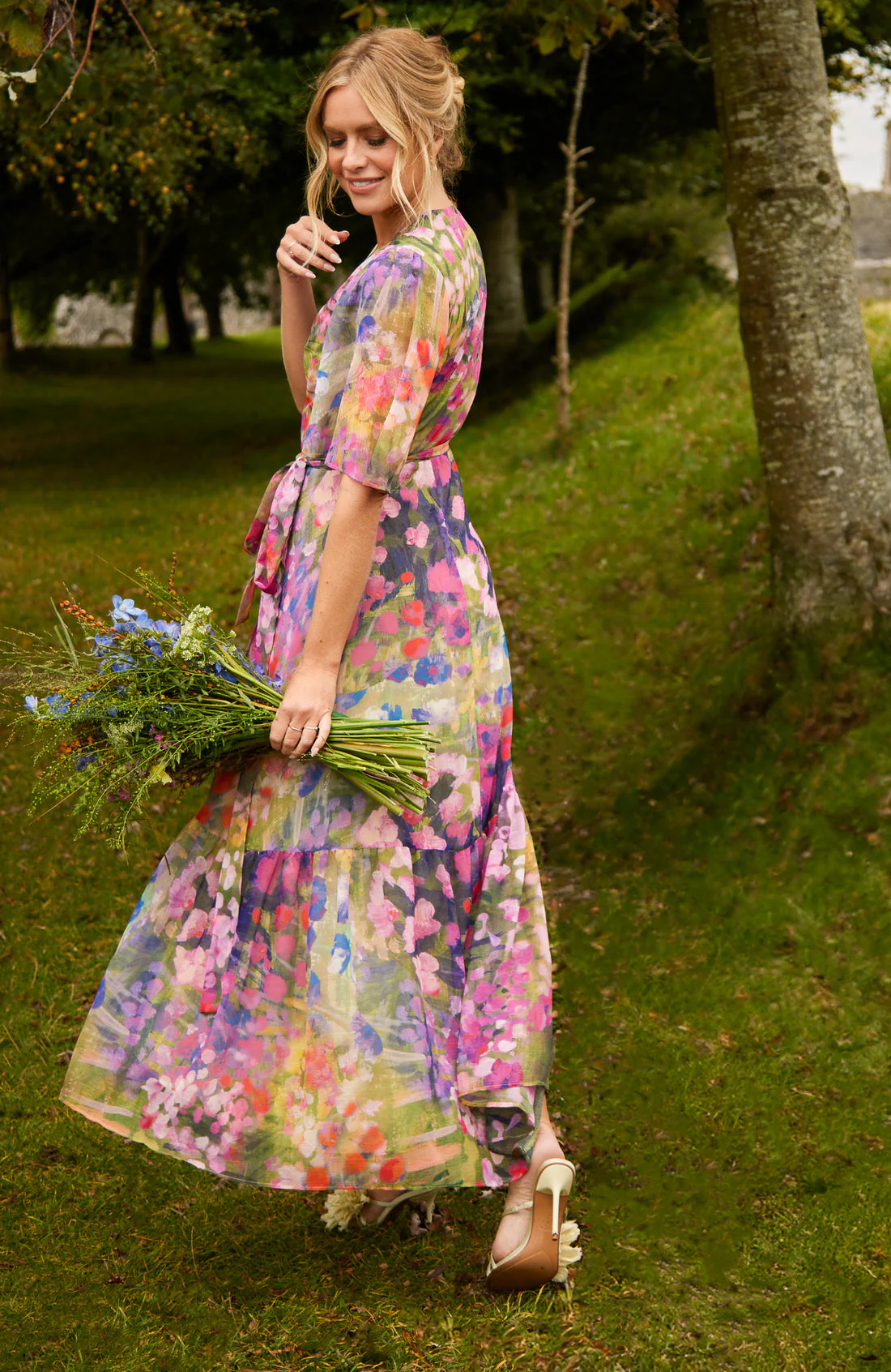 The Foxglove Floral Print Flutter Sleeve Maxi Wrap Dress (Pink) - Image 2