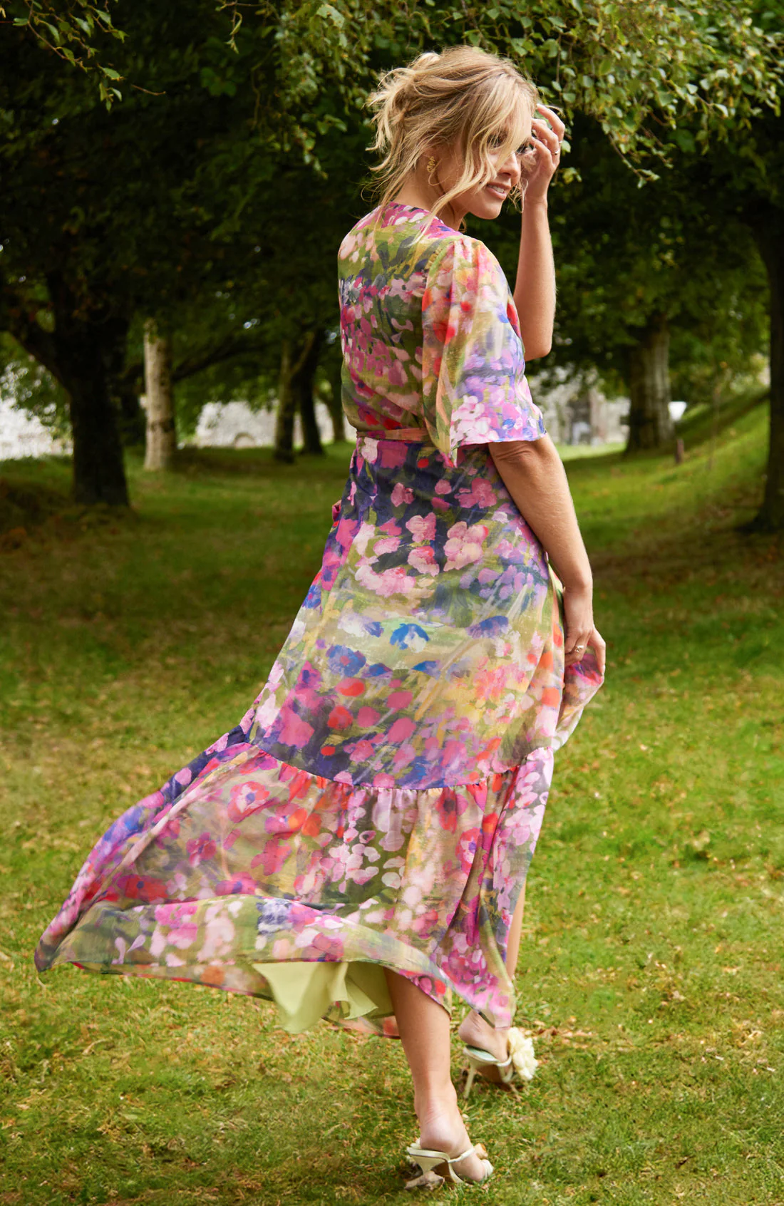 The Foxglove Floral Print Flutter Sleeve Maxi Wrap Dress (Pink) - Image 3