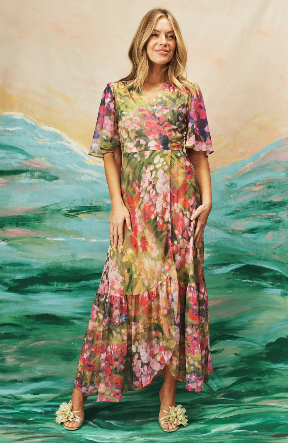 The Foxglove Floral Print Flutter Sleeve Maxi Wrap Dress (Pink) - Image 4