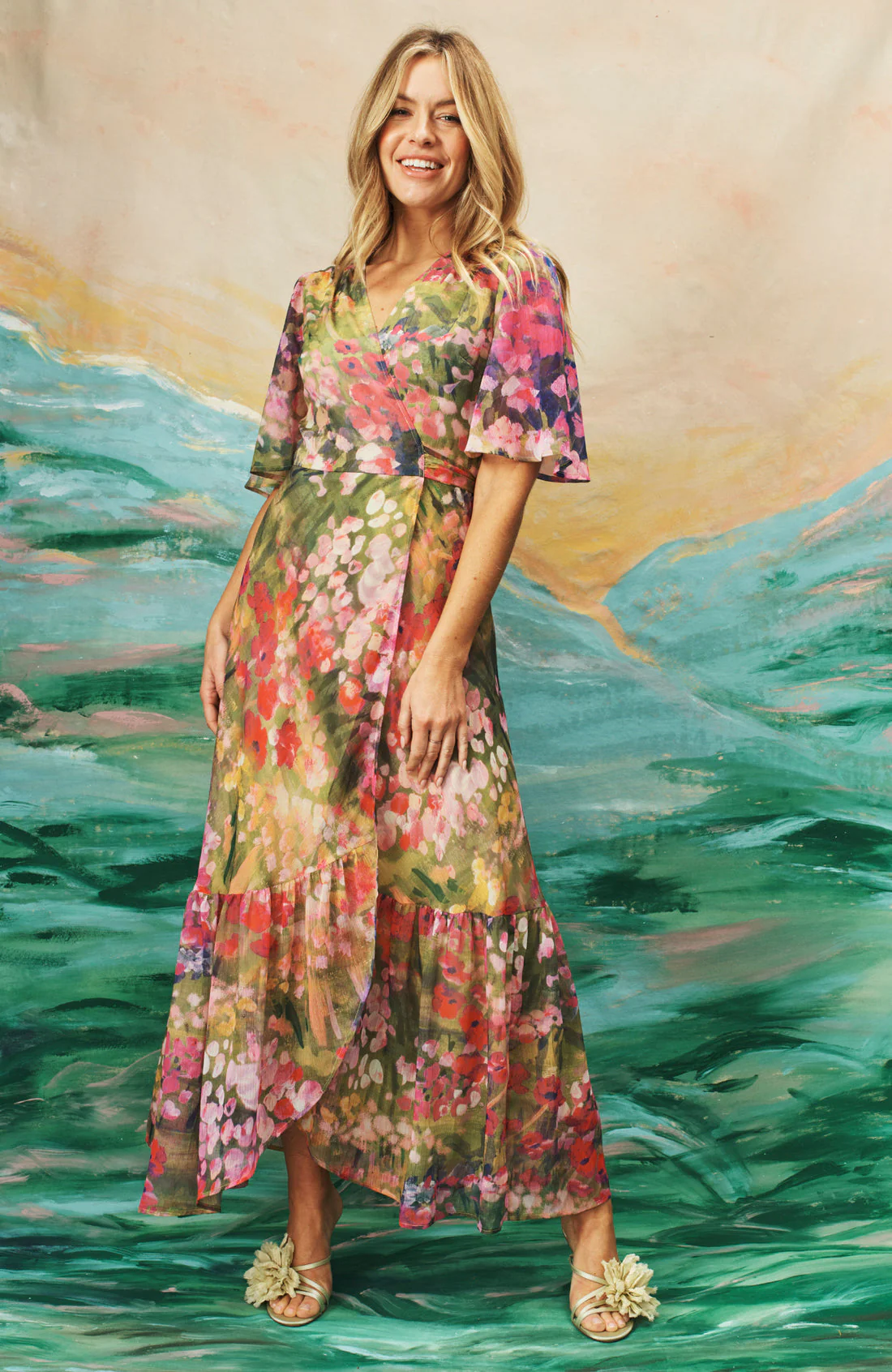 The Foxglove Floral Print Flutter Sleeve Maxi Wrap Dress (Pink) - Image 5