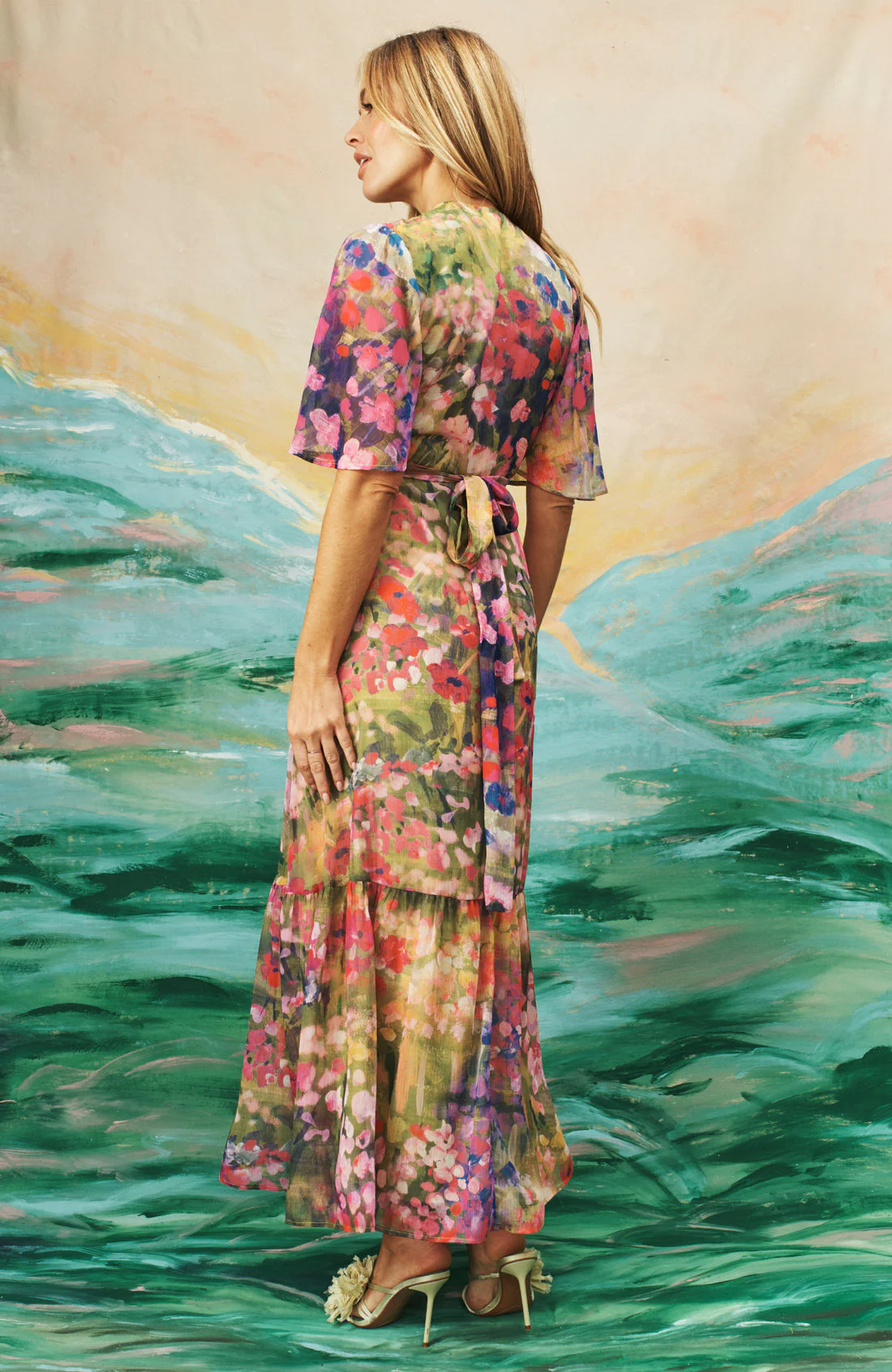 The Foxglove Floral Print Flutter Sleeve Maxi Wrap Dress (Pink) - Image 7