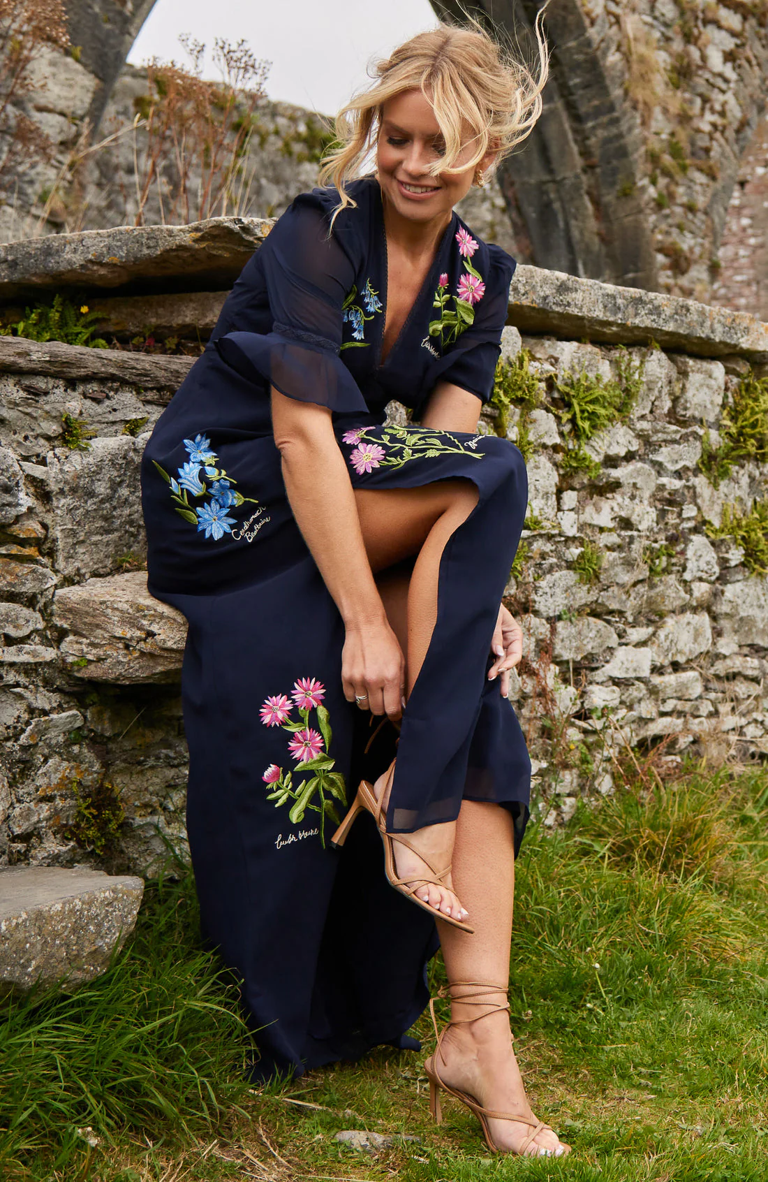 The Heather Embroidered Thigh Split Maxi Dress (Navy) - Image 2