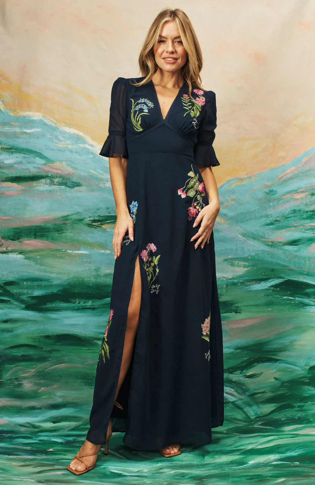 The Heather Embroidered Thigh Split Maxi Dress (Navy) - Image 3