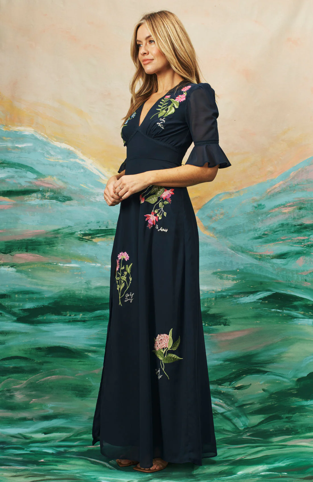 The Heather Embroidered Thigh Split Maxi Dress (Navy) - Image 5