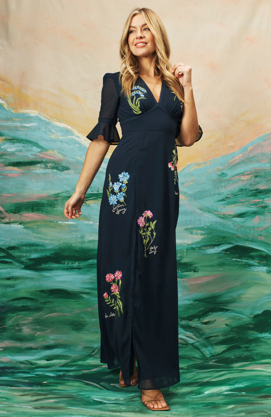The Heather Embroidered Thigh Split Maxi Dress (Navy) - Image 6