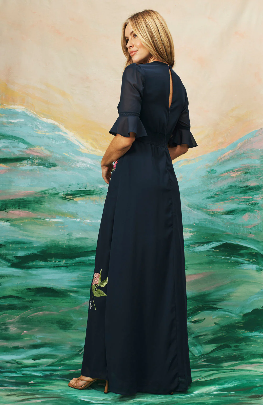 The Heather Embroidered Thigh Split Maxi Dress (Navy) - Image 7