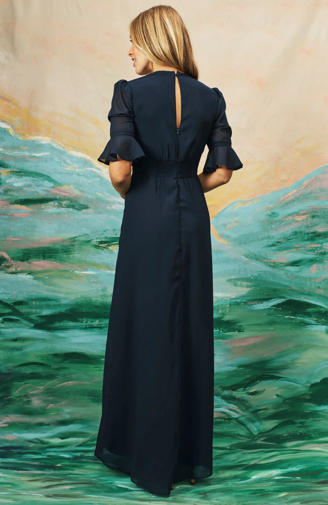 The Heather Embroidered Thigh Split Maxi Dress (Navy) - Image 8