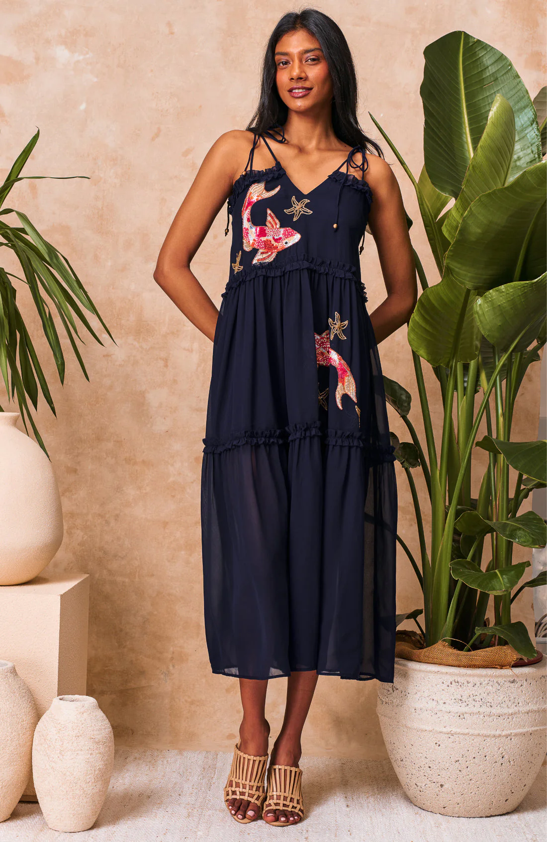 The Inaya Embellished Tie Strap Midi Dress (Navy) - Image 2