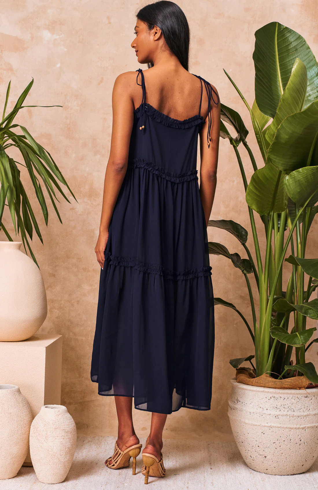 The Inaya Embellished Tie Strap Midi Dress (Navy) - Image 3