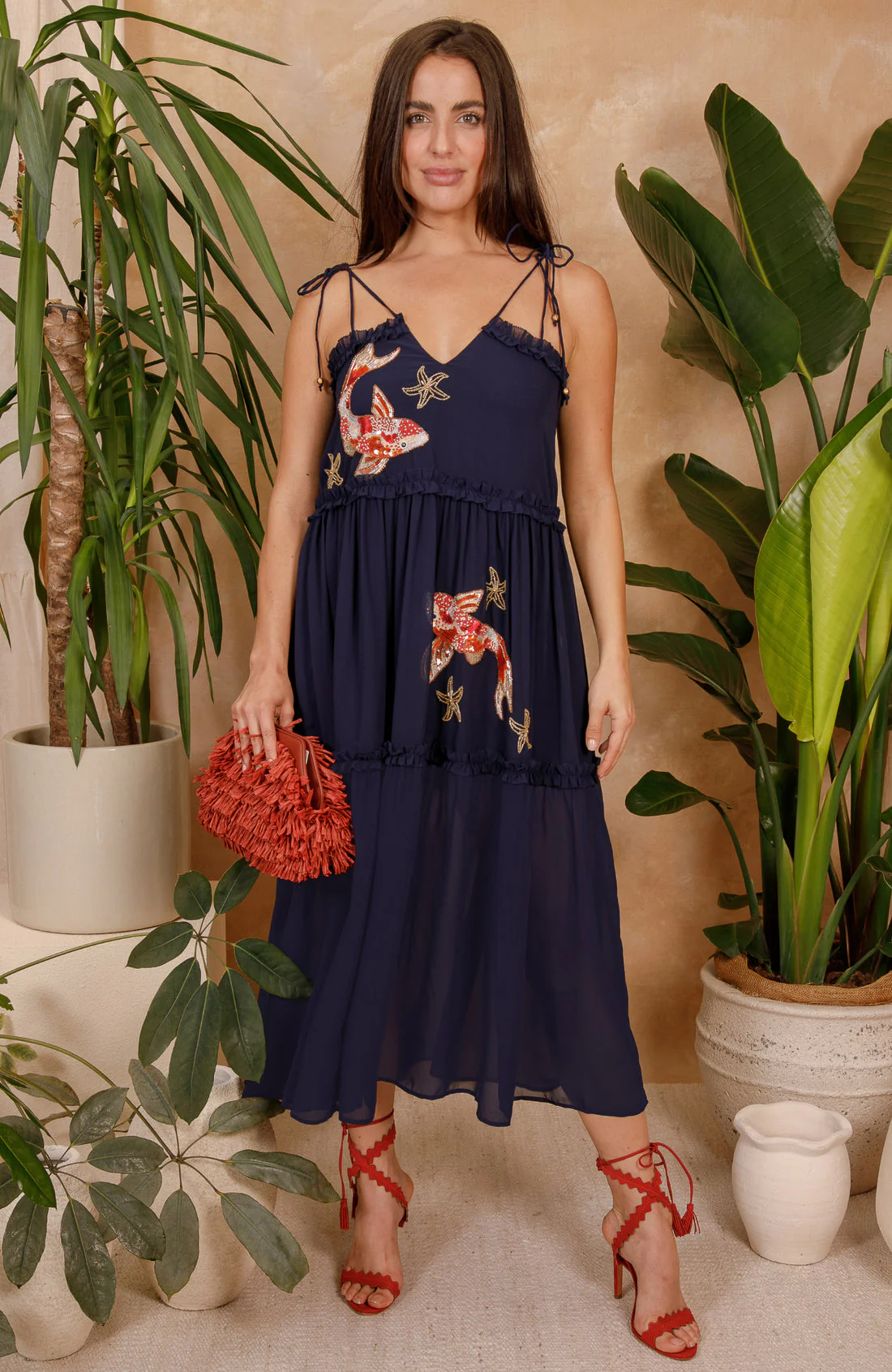 The Inaya Embellished Tie Strap Midi Dress (Navy) - Image 6