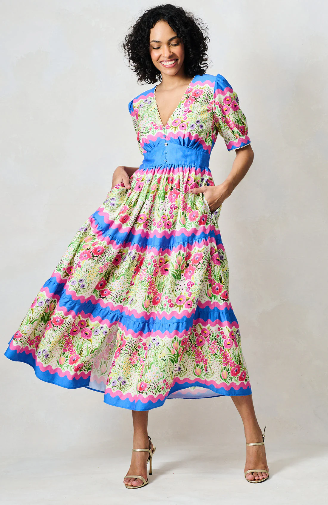 The Jo Midi Dress (Blue/Pink Multi) - Image 2
