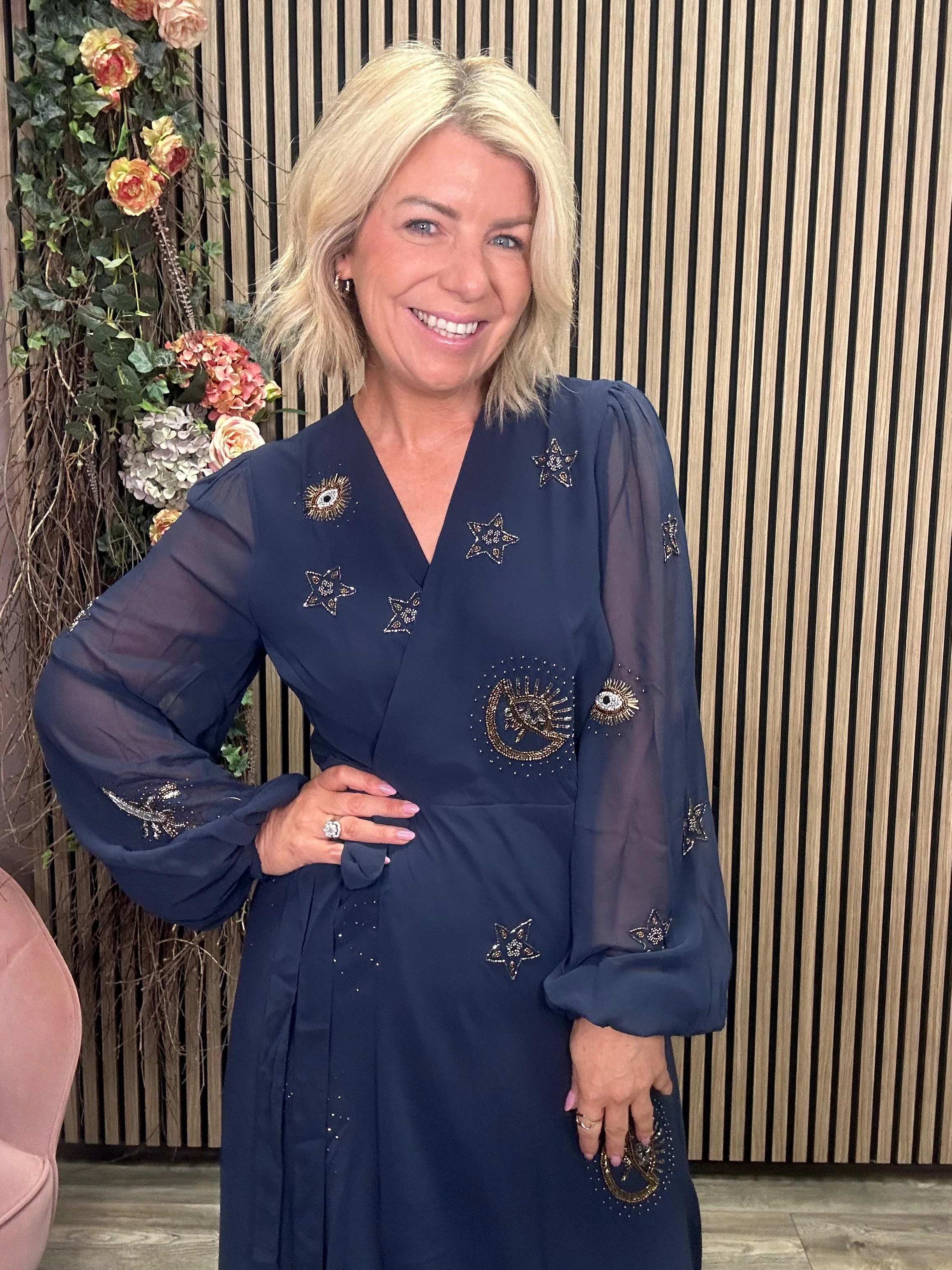 The Kai Embellished Blouson Sleeve Wrap Dress (Navy) - Image 3