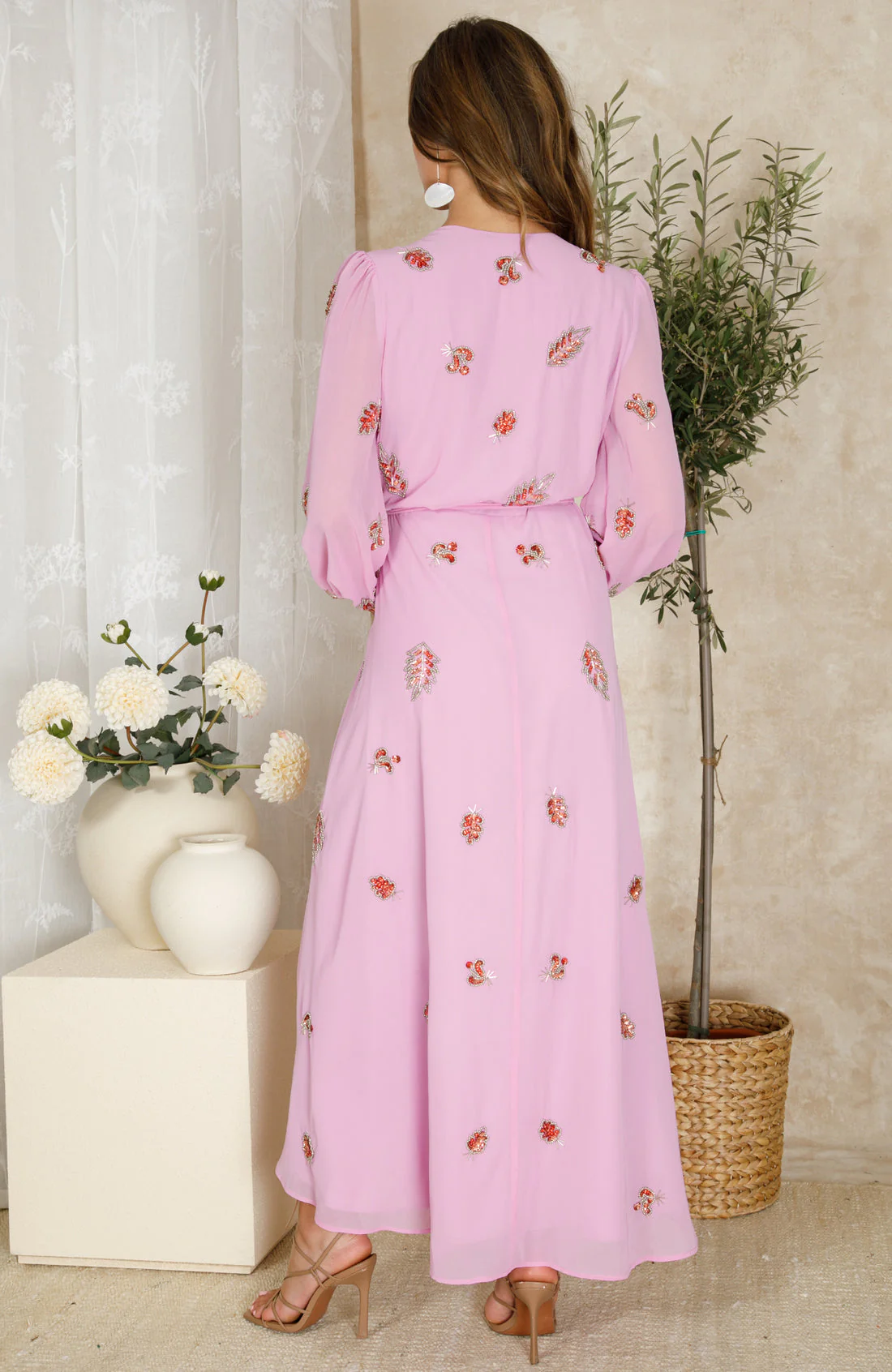 The Kara Embellished Blouson Sleeve Wrap Dress (Light Pink) - Image 4