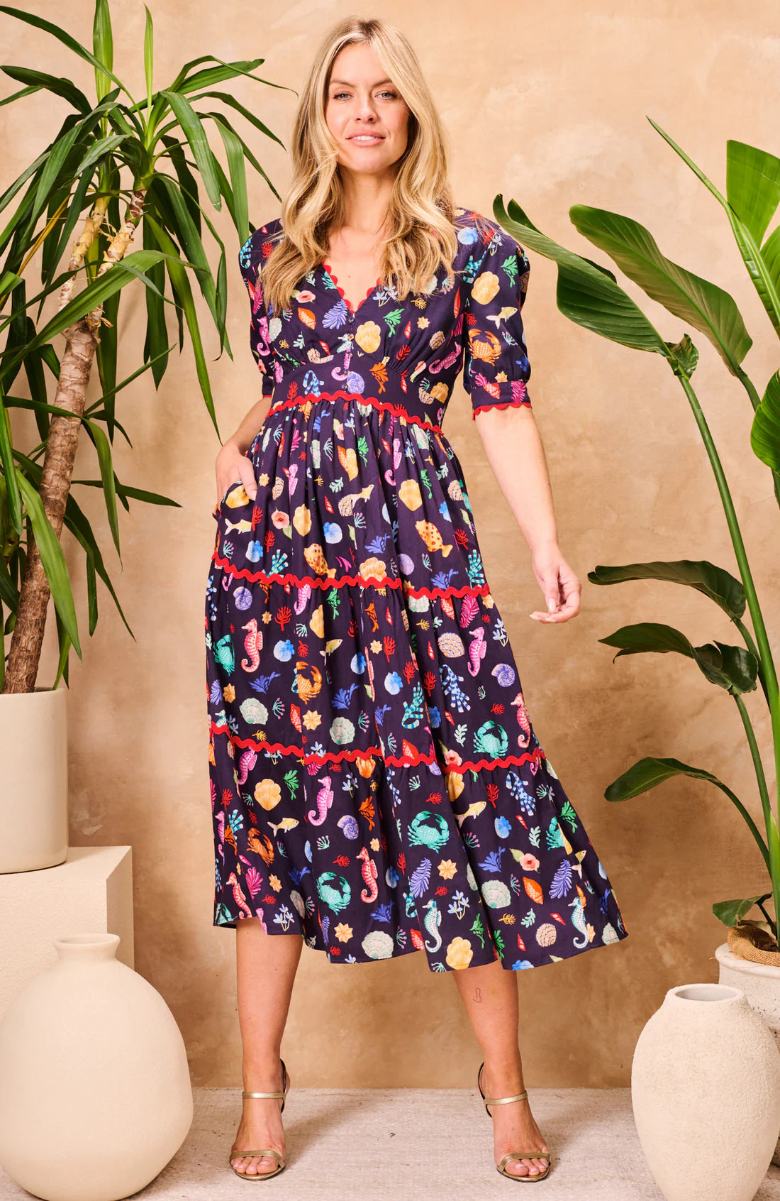 The Laurel Puff Sleeve Tiered Midi Tea Dress (Navy Multi) - Image 3