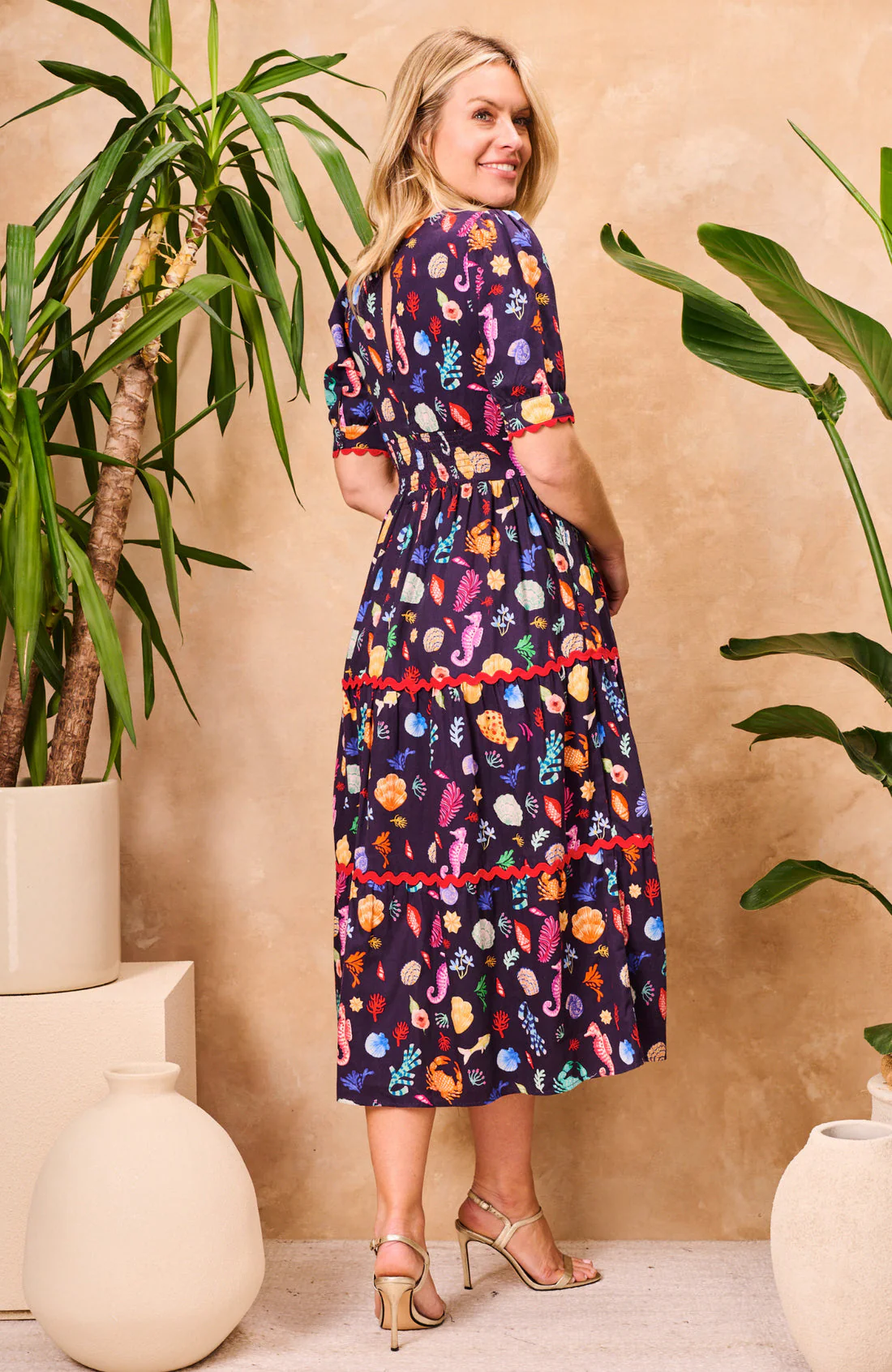 The Laurel Puff Sleeve Tiered Midi Tea Dress (Navy Multi) - Image 4