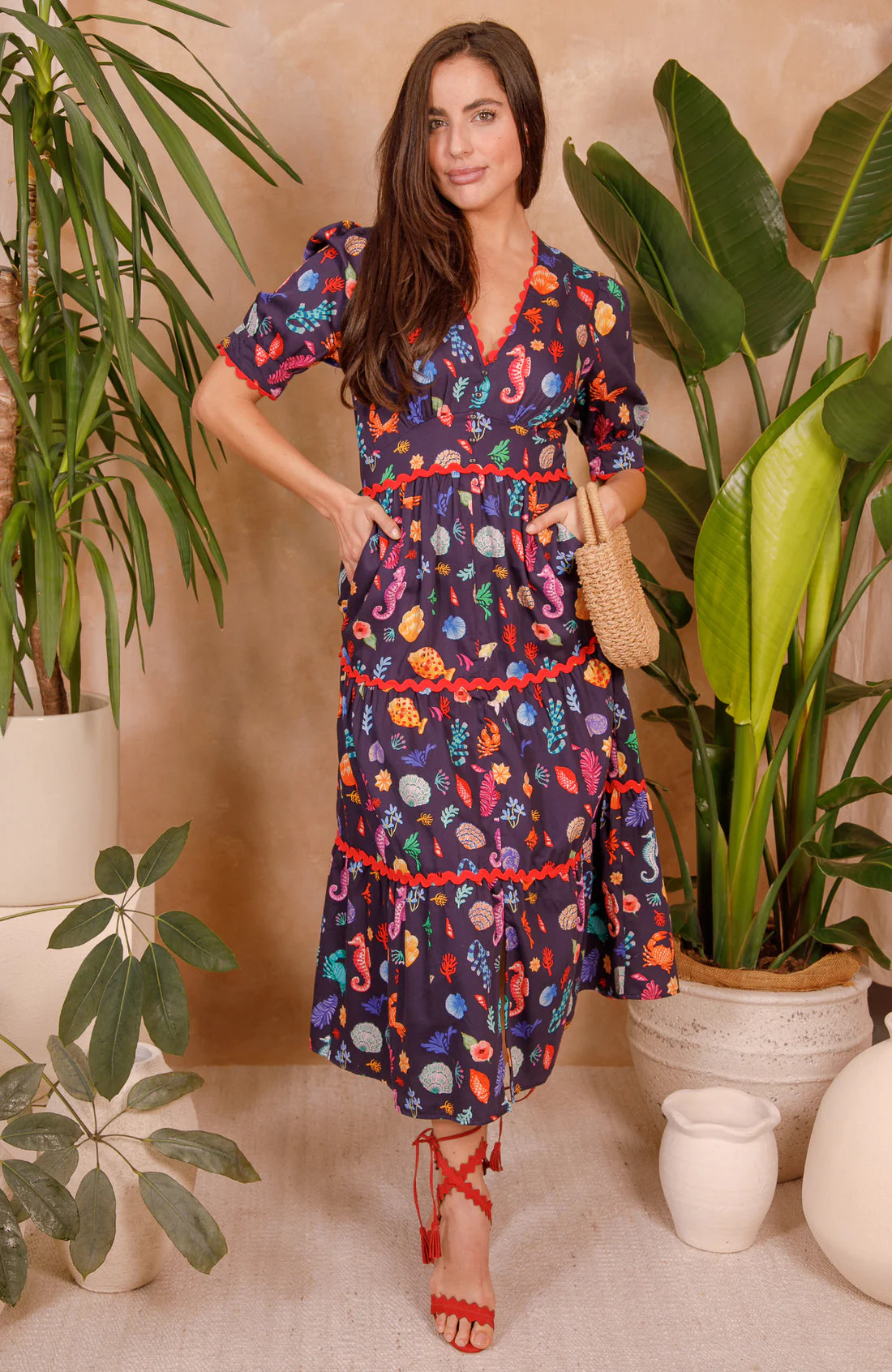 The Laurel Puff Sleeve Tiered Midi Tea Dress (Navy Multi) - Image 5