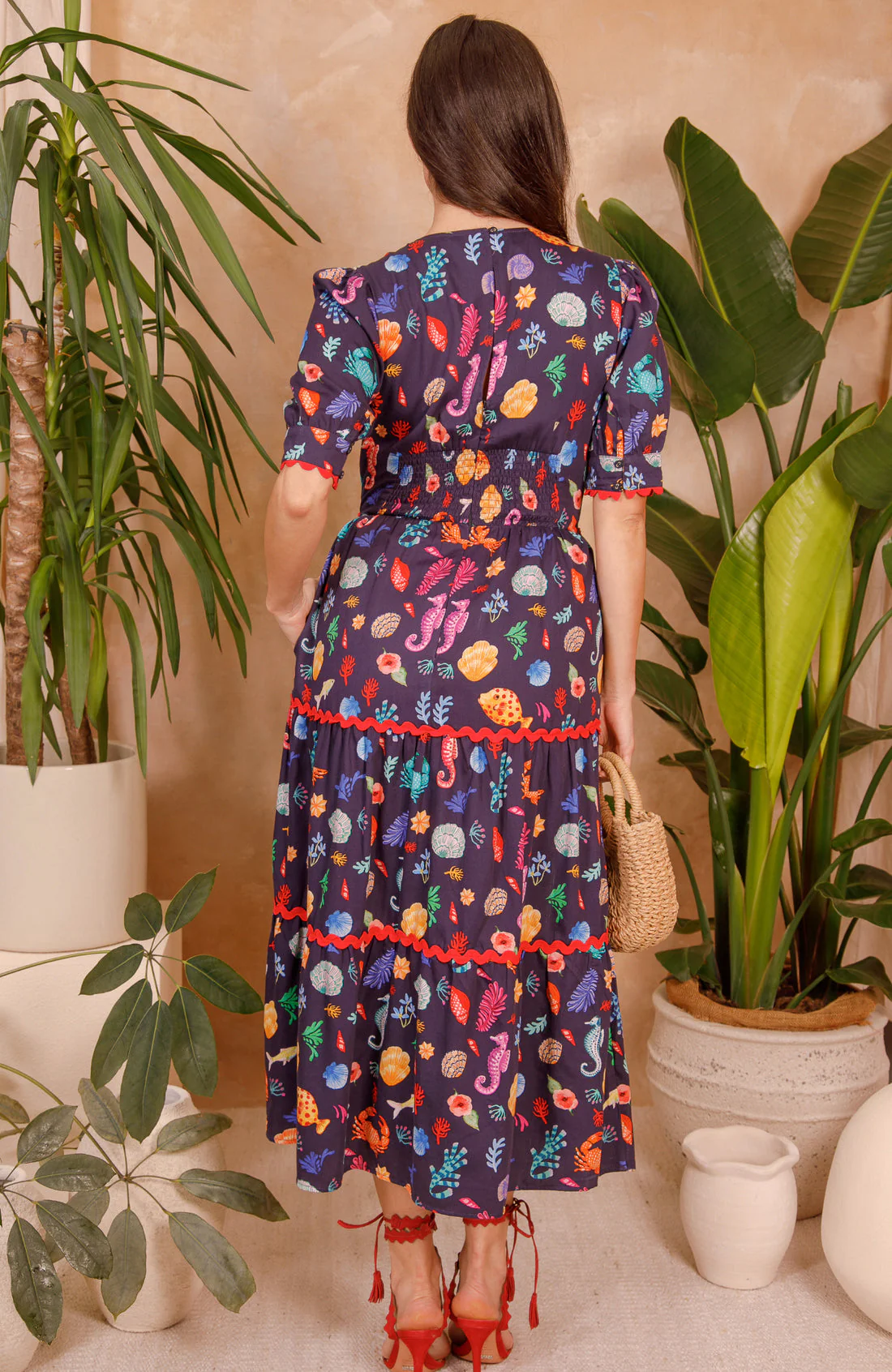 The Laurel Puff Sleeve Tiered Midi Tea Dress (Navy Multi) - Image 6