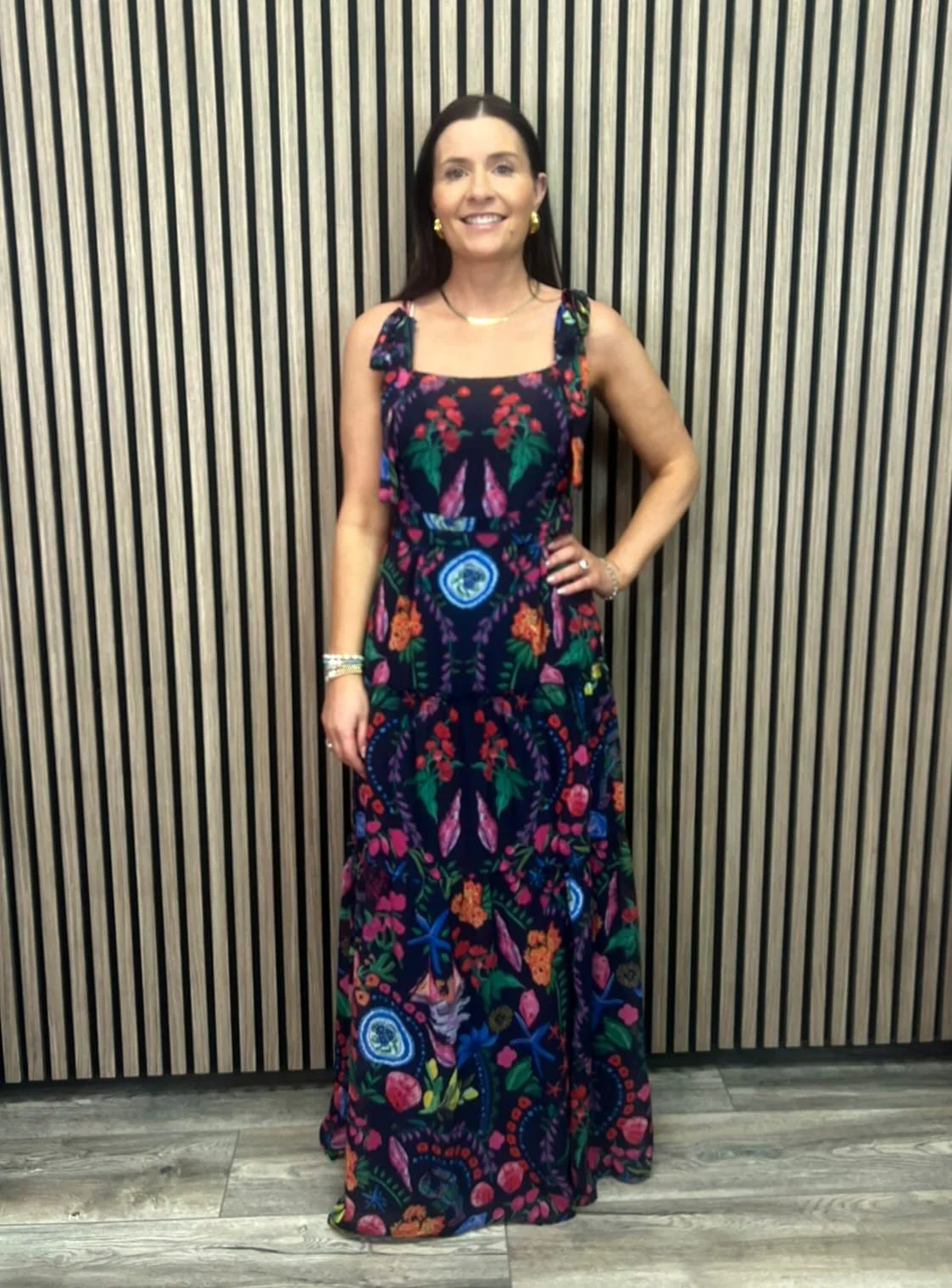 The Lucia Tie Sleeve Maxi Dress (Navy/ Multi)