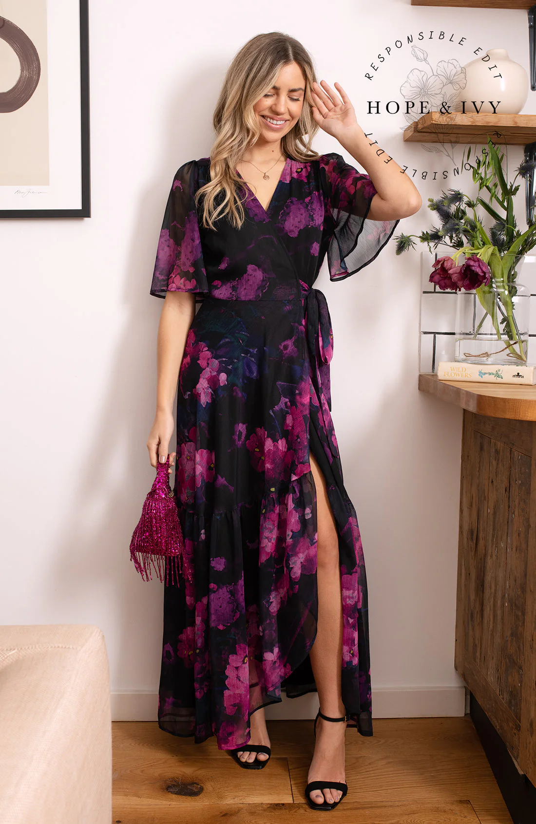 The Madalena Flutter Sleeve Maxi Wrap Dress - Image 5