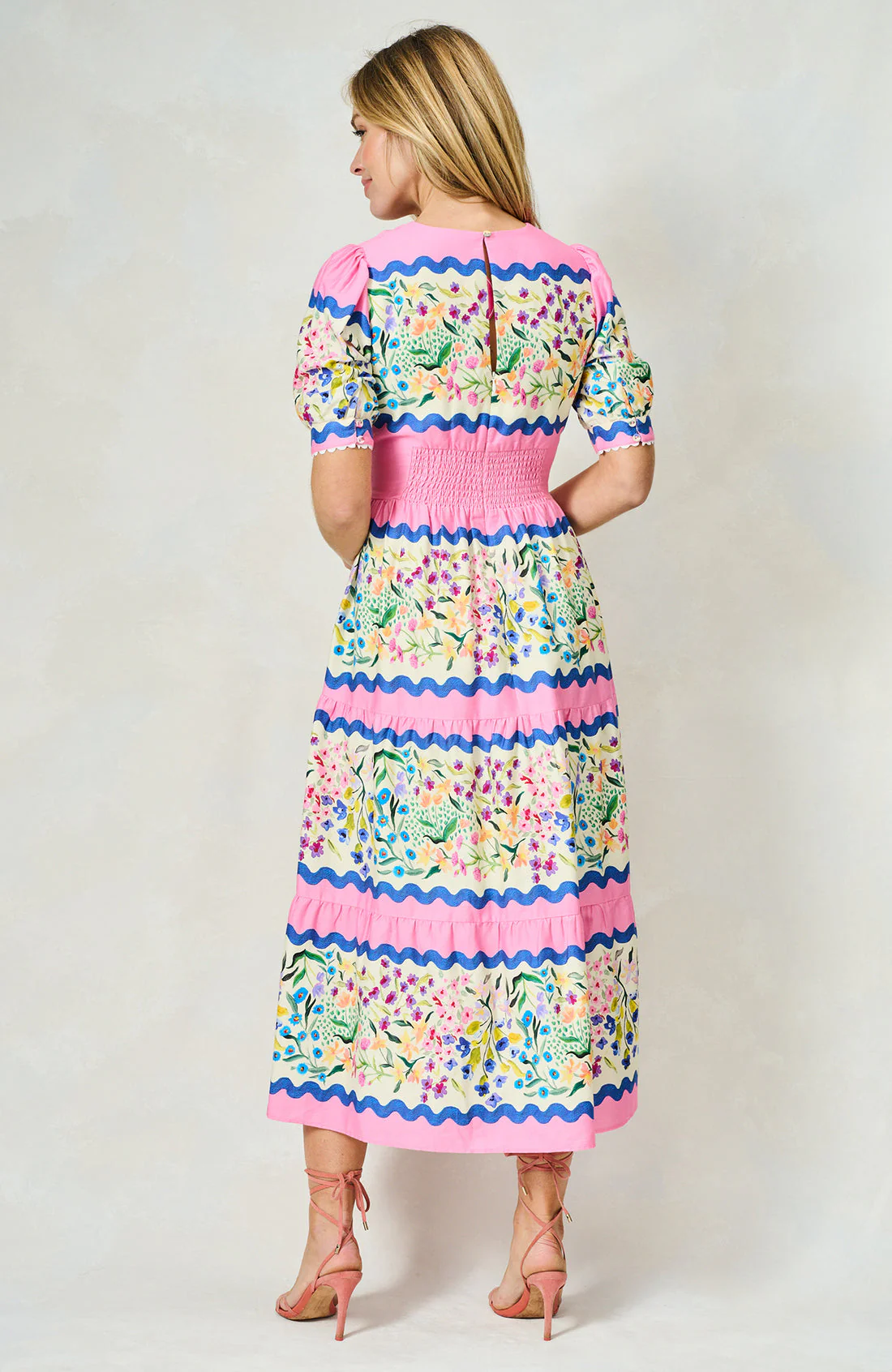 The Meredith V-Neck Full Skirt Tea Dress (Pink Multi) - Image 5