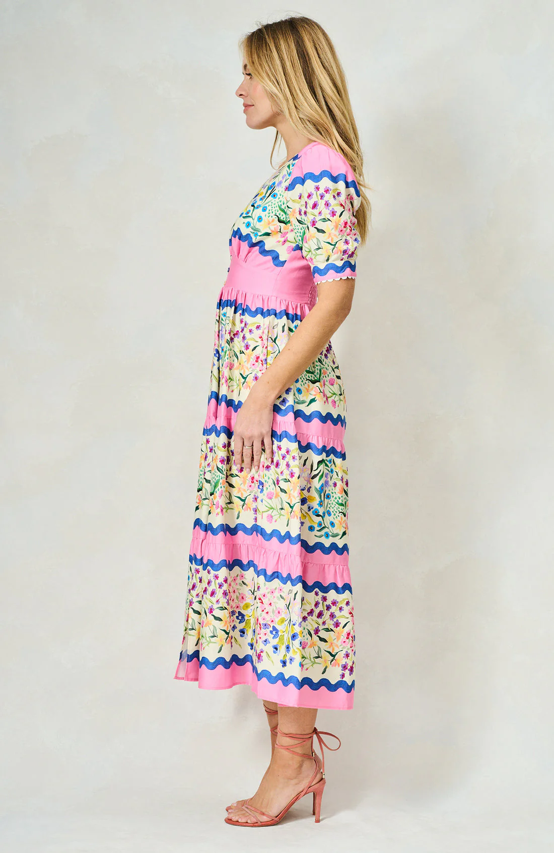 The Meredith V-Neck Full Skirt Tea Dress (Pink Multi) - Image 6