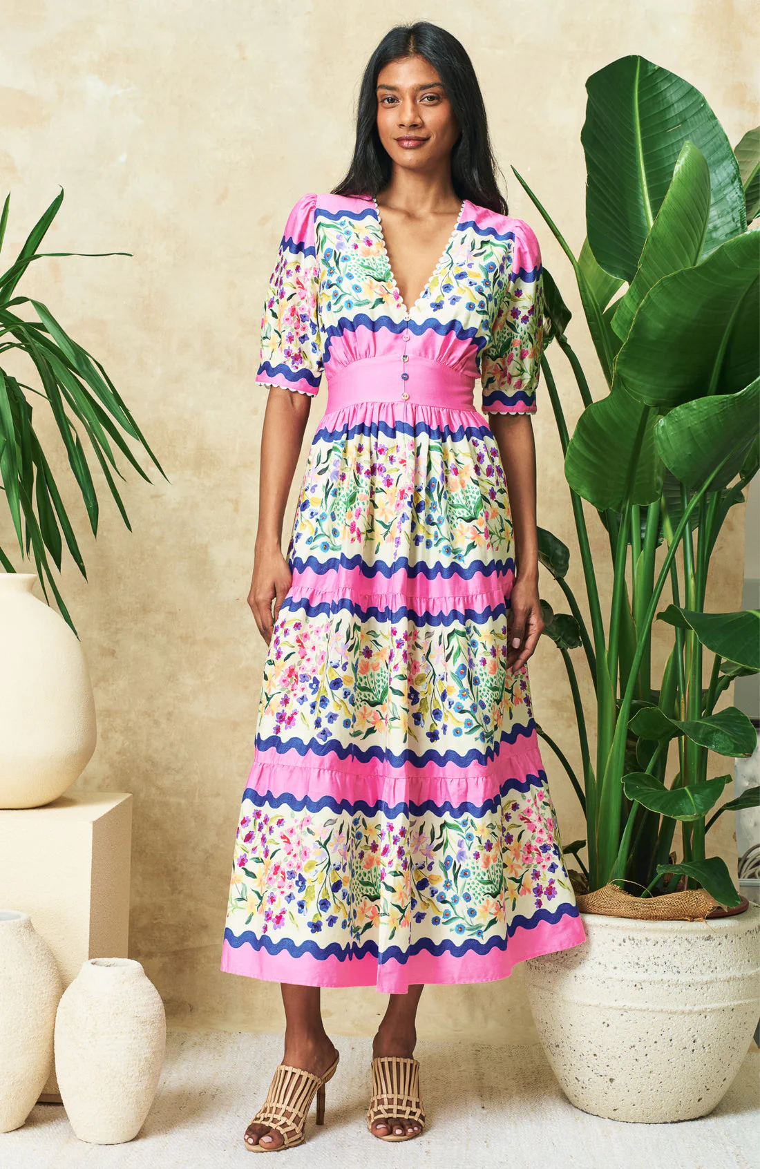 The Meredith V-Neck Full Skirt Tea Dress (Pink Multi) - Image 7