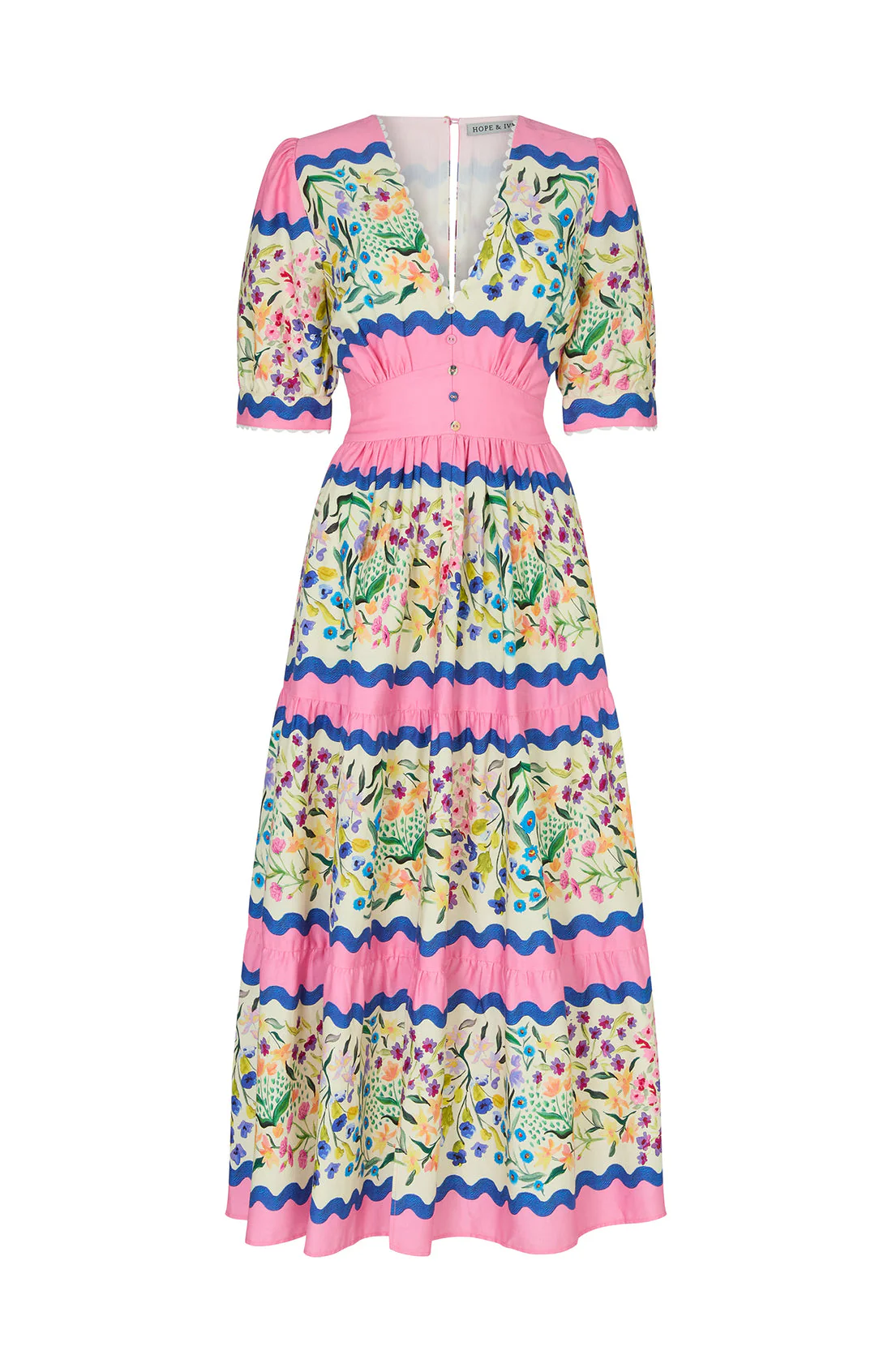 The Meredith V-Neck Full Skirt Tea Dress (Pink Multi) - Image 8