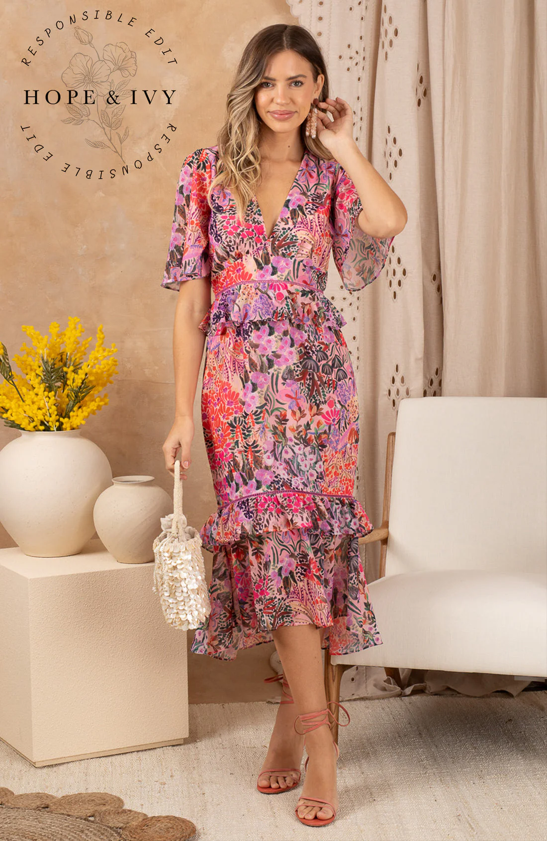 The Mia V-Neck Midi Tea Dress with Peplum Waist (Pink Floral) - Image 2
