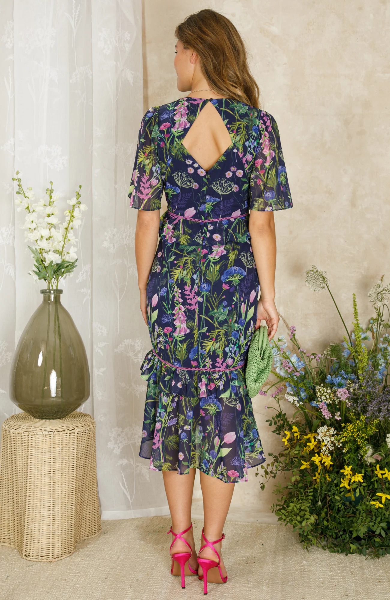 The Naomi V-Neck Midi Tea Dress with Peplum (Navy) - Image 2