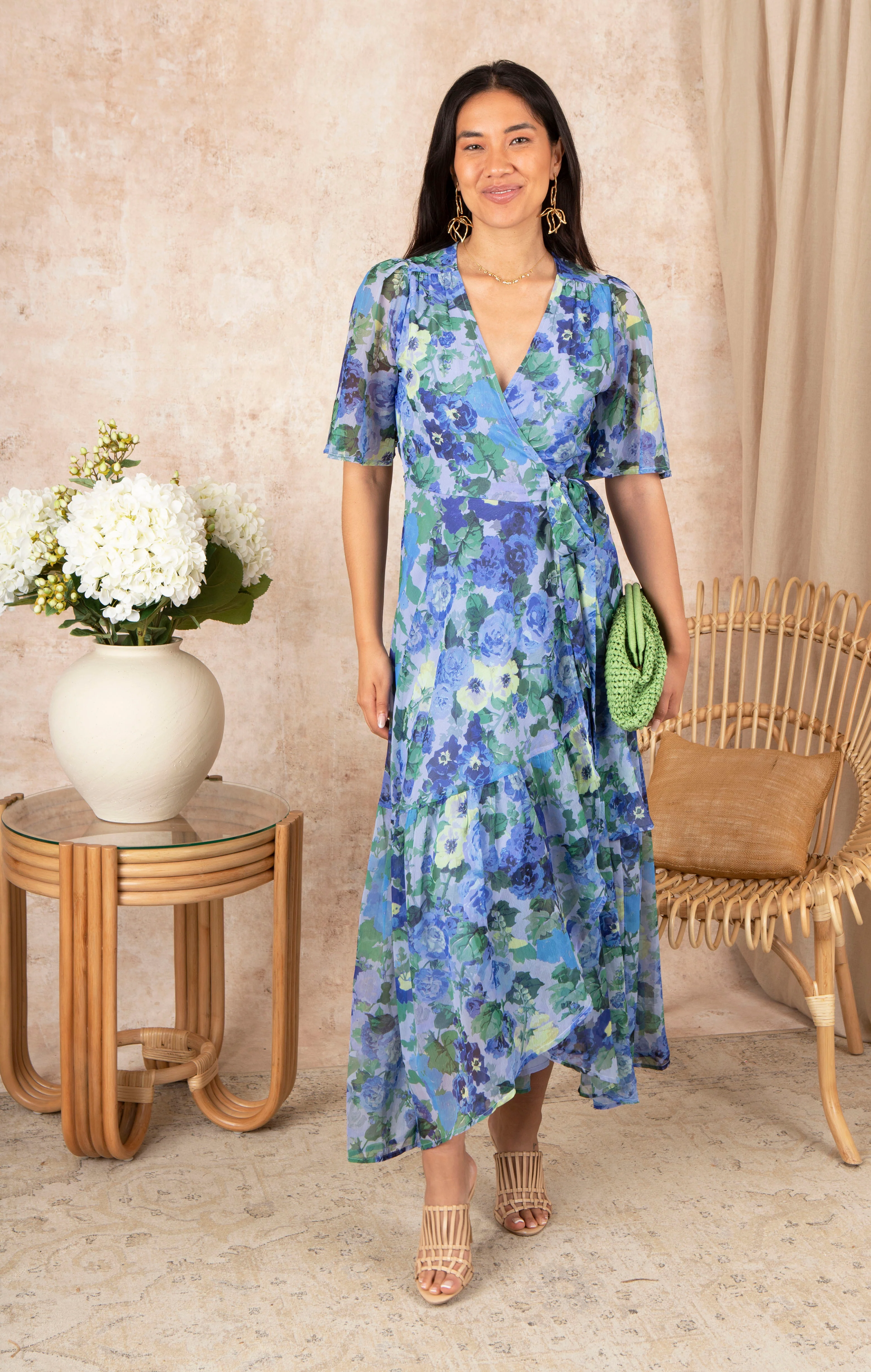 THE NORA FLUTTER SLEEVE MAXI WRAP DRESS (BLUE) - Image 2