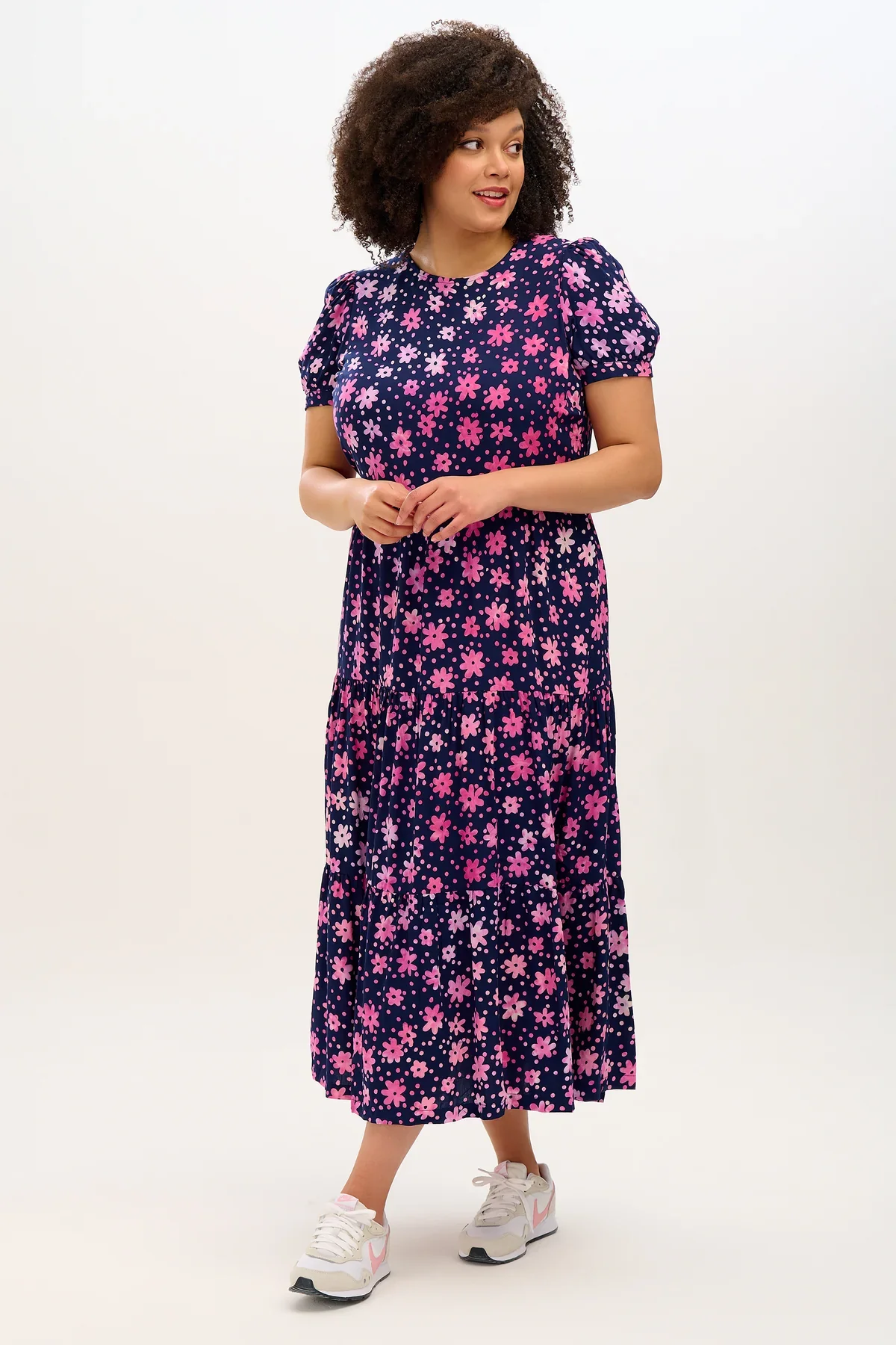 The Portia Batik Maxi Tiered Dress (Navy/Pink, Flower Power) - Image 3