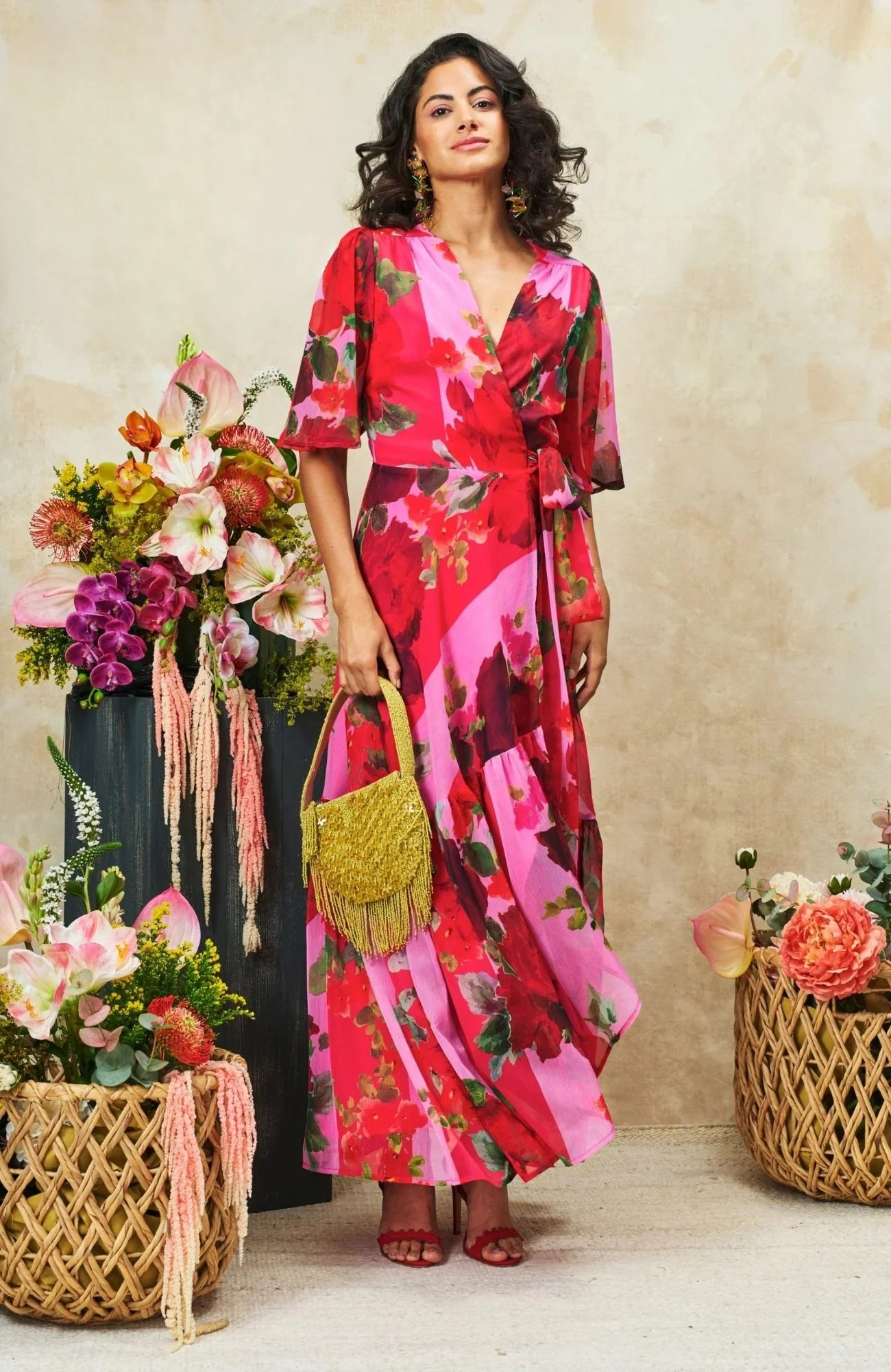 The Rosanna Maxi Wrap Dress (Pink/Red) - Image 4