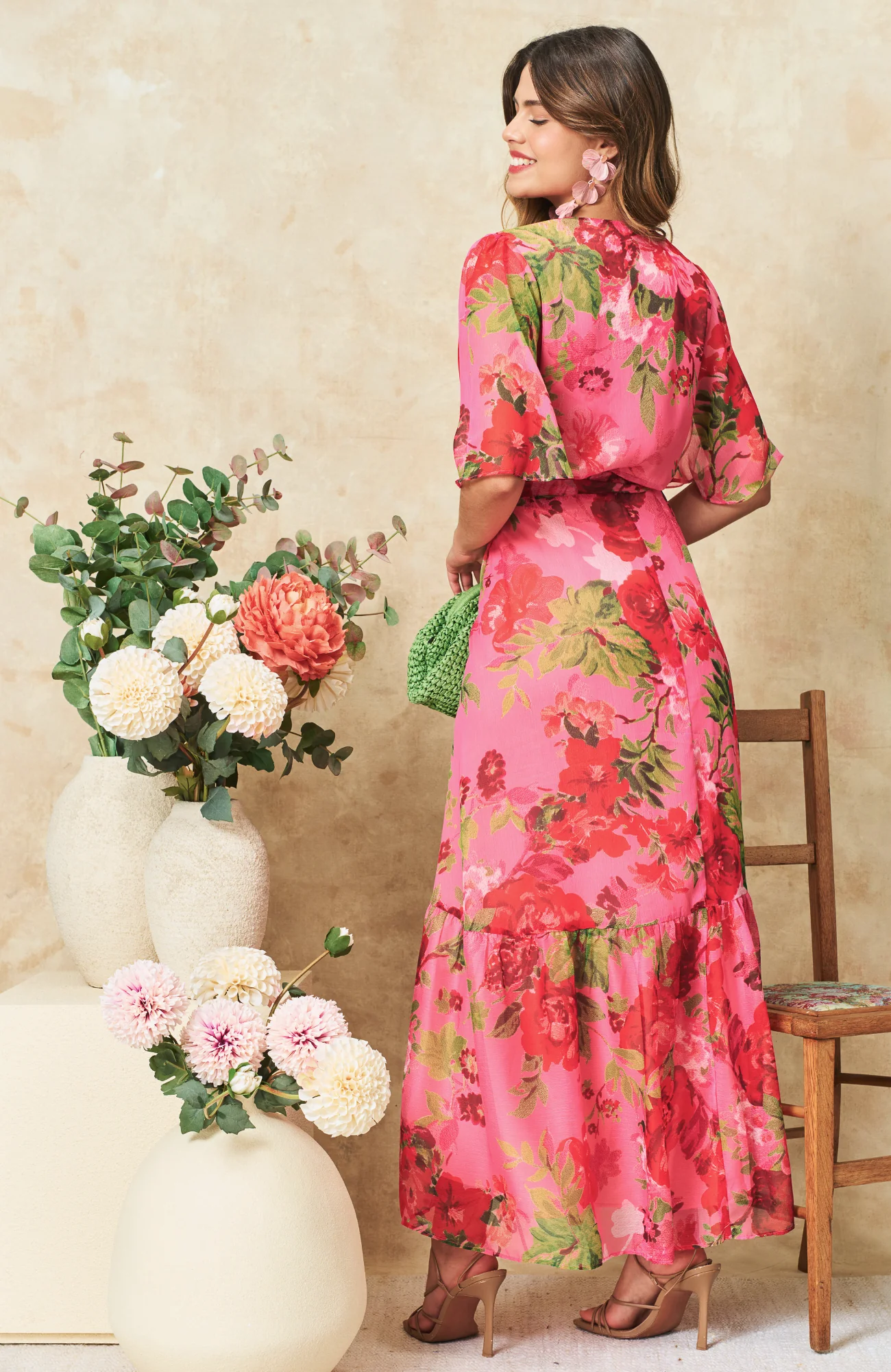 The Roxanne Flutter Sleeve Maxi Wrap Dress (Pink/Red) - Image 3