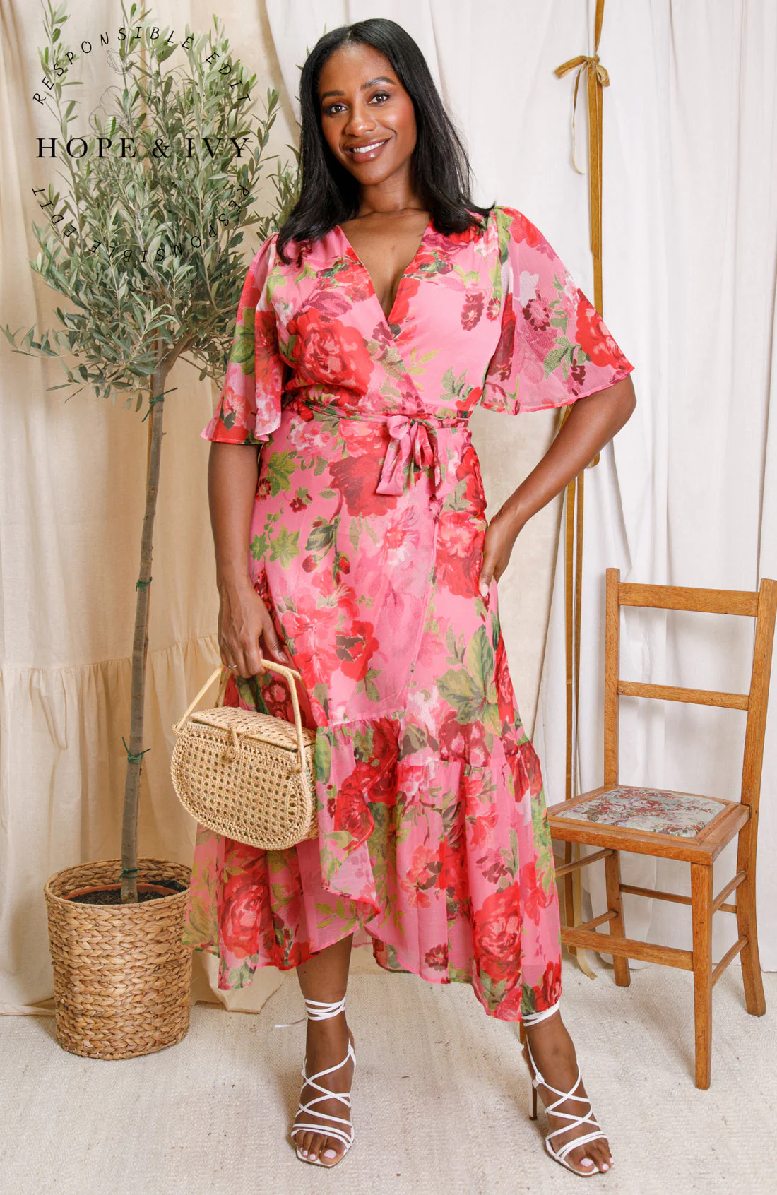 The Roxanne Flutter Sleeve Maxi Wrap Dress (Pink/Red) - Image 4