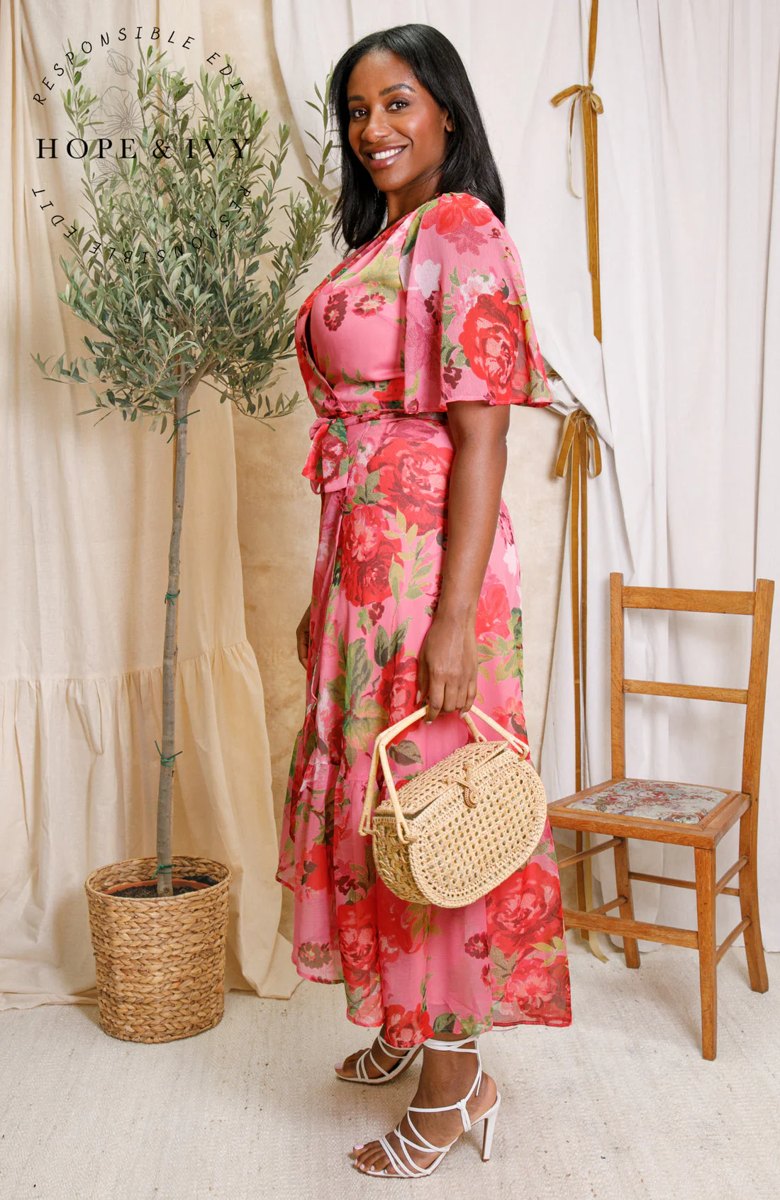 The Roxanne Flutter Sleeve Maxi Wrap Dress (Pink/Red) - Image 5