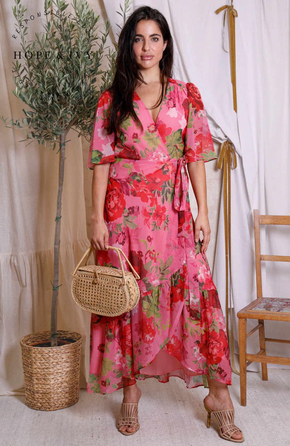 The Roxanne Flutter Sleeve Maxi Wrap Dress (Pink/Red) - Image 6