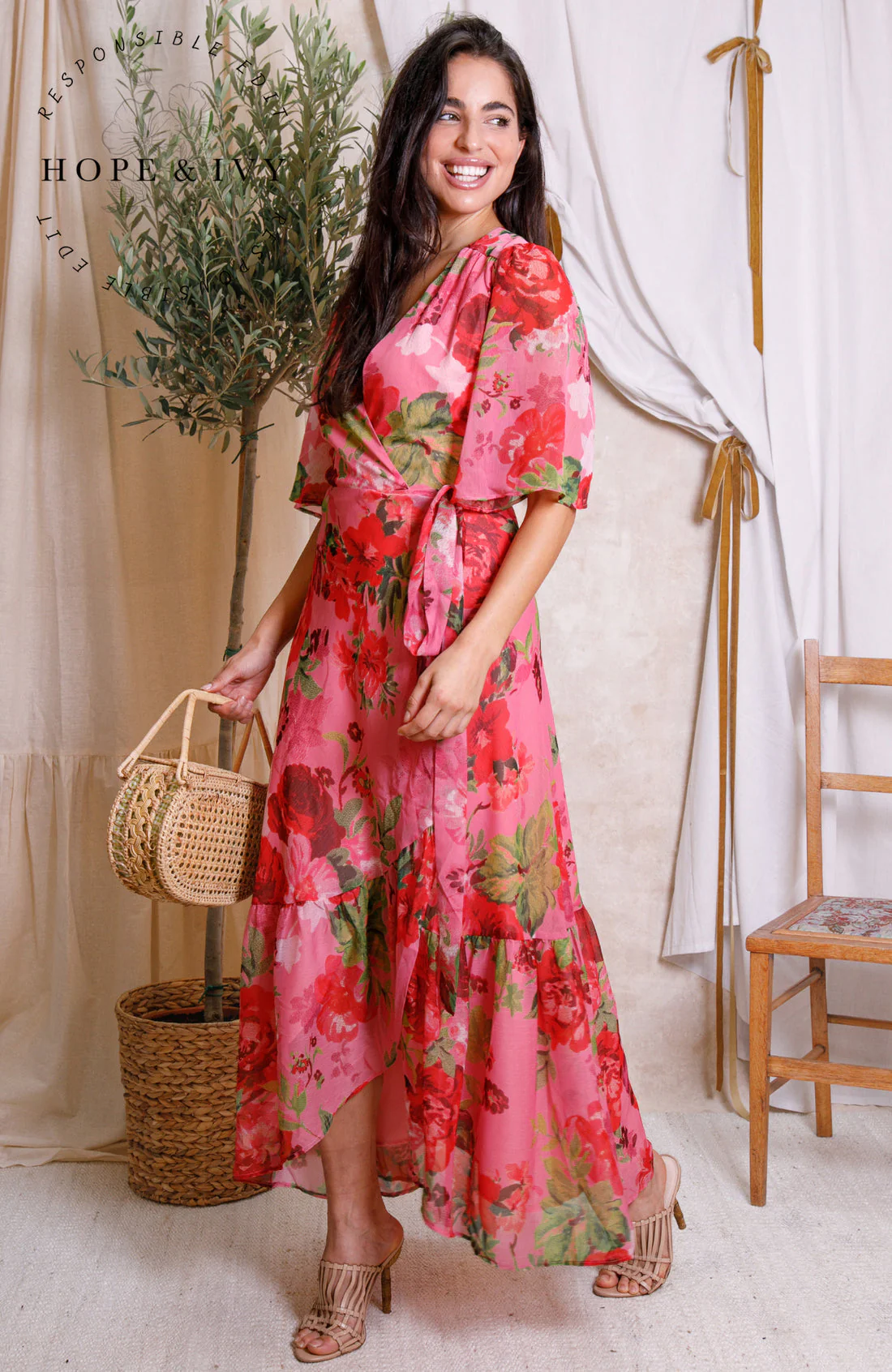 The Roxanne Flutter Sleeve Maxi Wrap Dress (Pink/Red) - Image 7