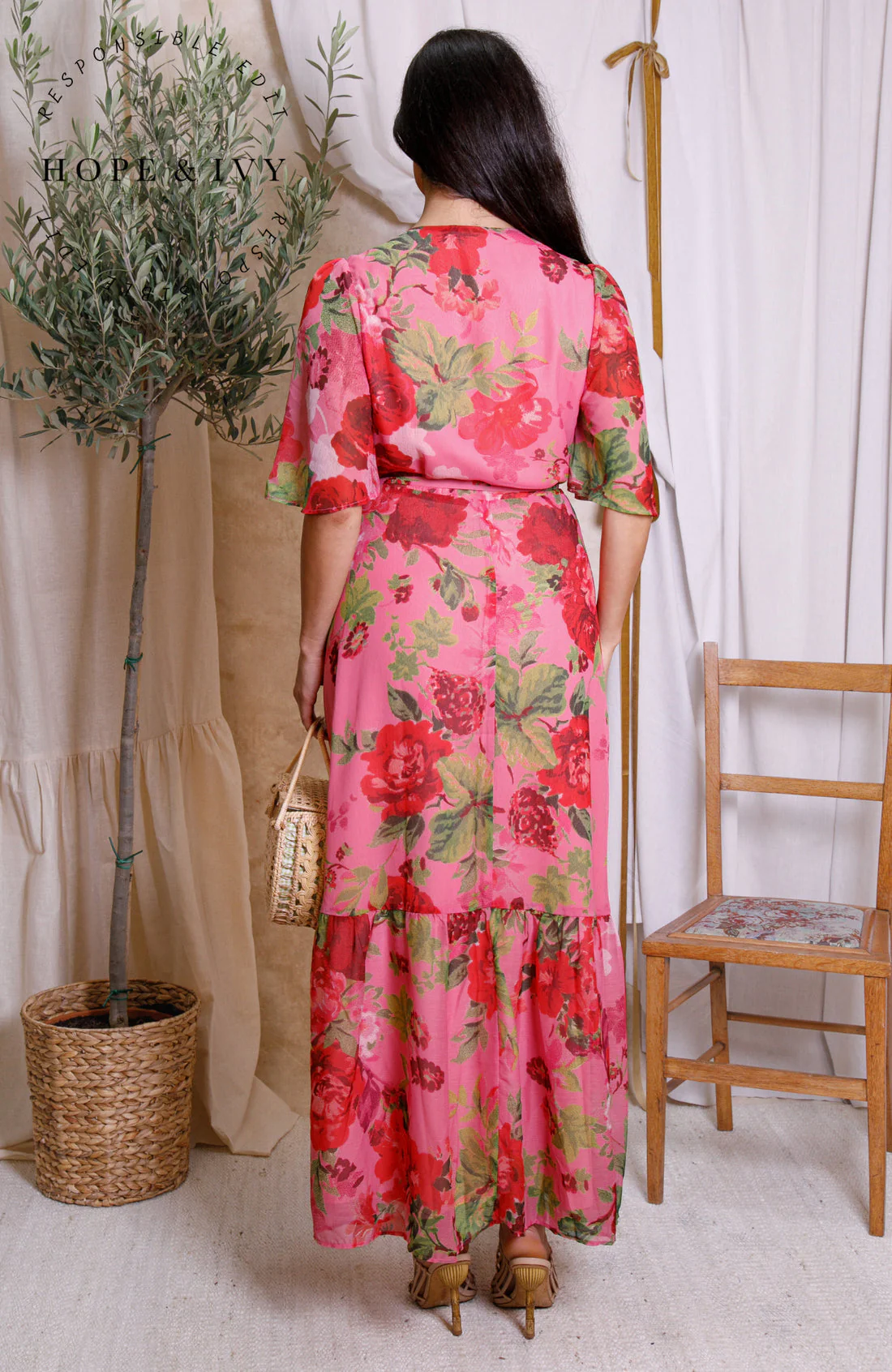 The Roxanne Flutter Sleeve Maxi Wrap Dress (Pink/Red) - Image 8