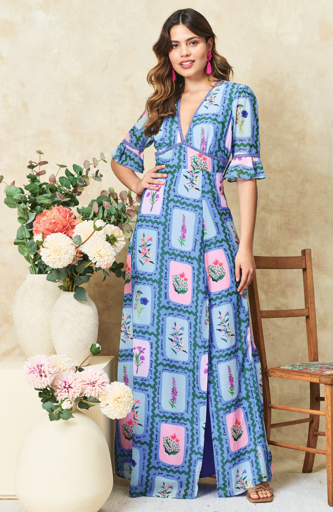 The Selena Frill Sleeve Open Back Maxi Dress (Blue) - Image 3