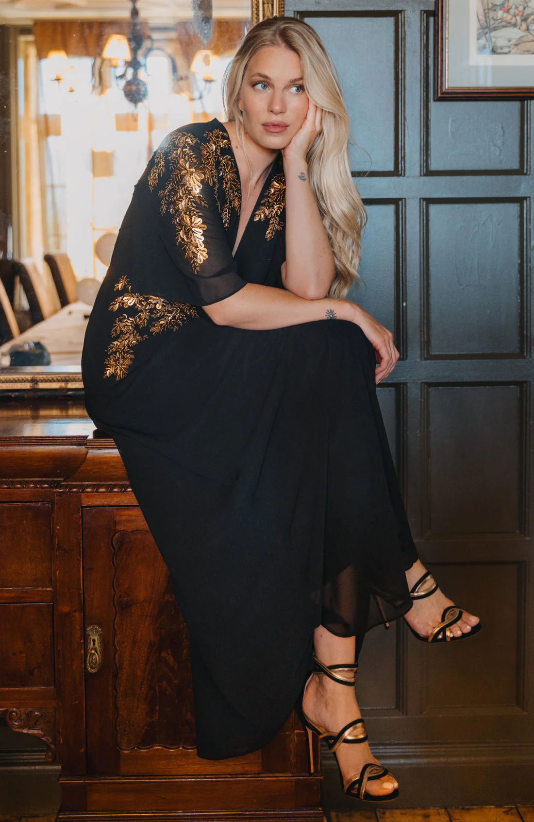 The Shay Plunge Front Embellished Maxi Dress (Black/Gold) - Image 2